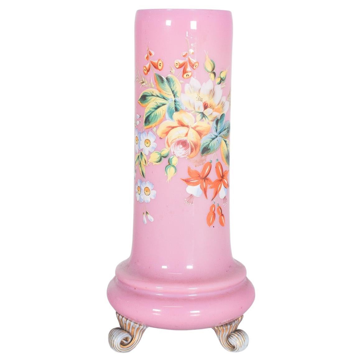 Tarro de cristal rosa, decoración policromada con flores de colores
