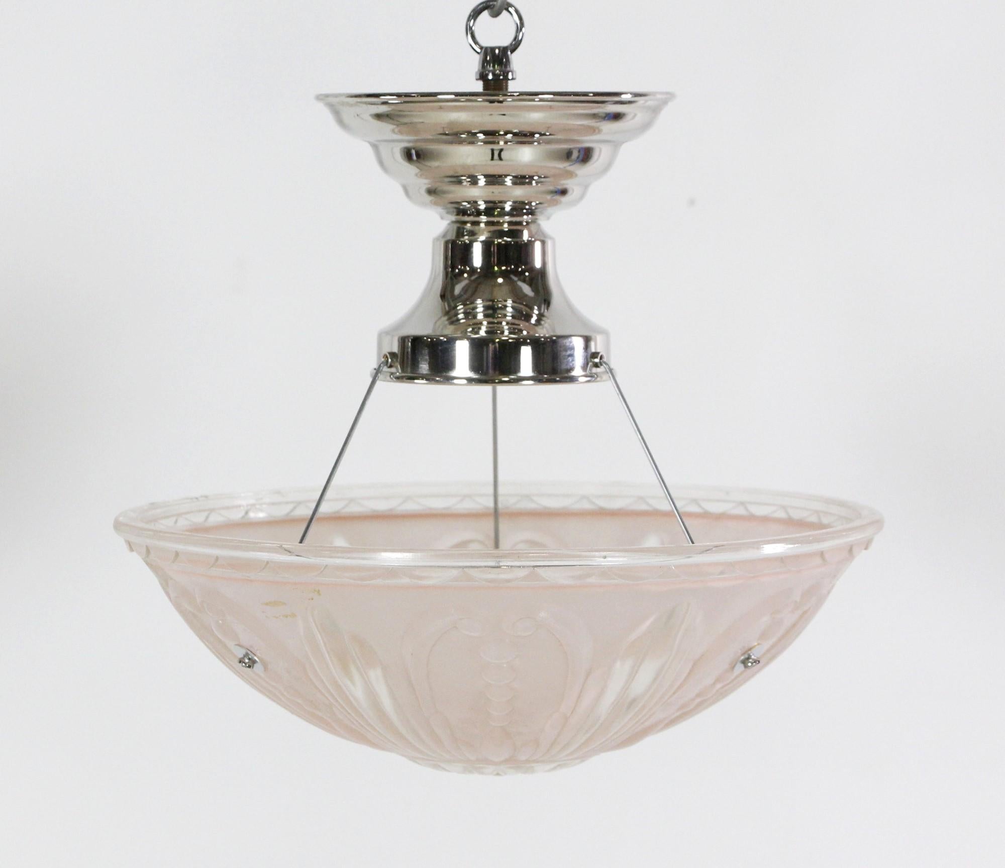 American Pink Glass & Nickel Finish Semi Flush Dome Pendant Light For Sale