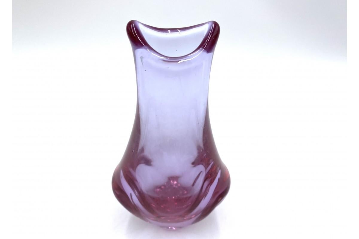 Vase made by hand from modeled glass, designed by the famous Miloslav Klinger. Produced in the 50-60s in Czechoslovakia by the Zelezny Brod Sklo glassworks (ZBS).

Dimensions: height 25.5 cm; width 11 cm; depth 5 cm.

Very good condition, no