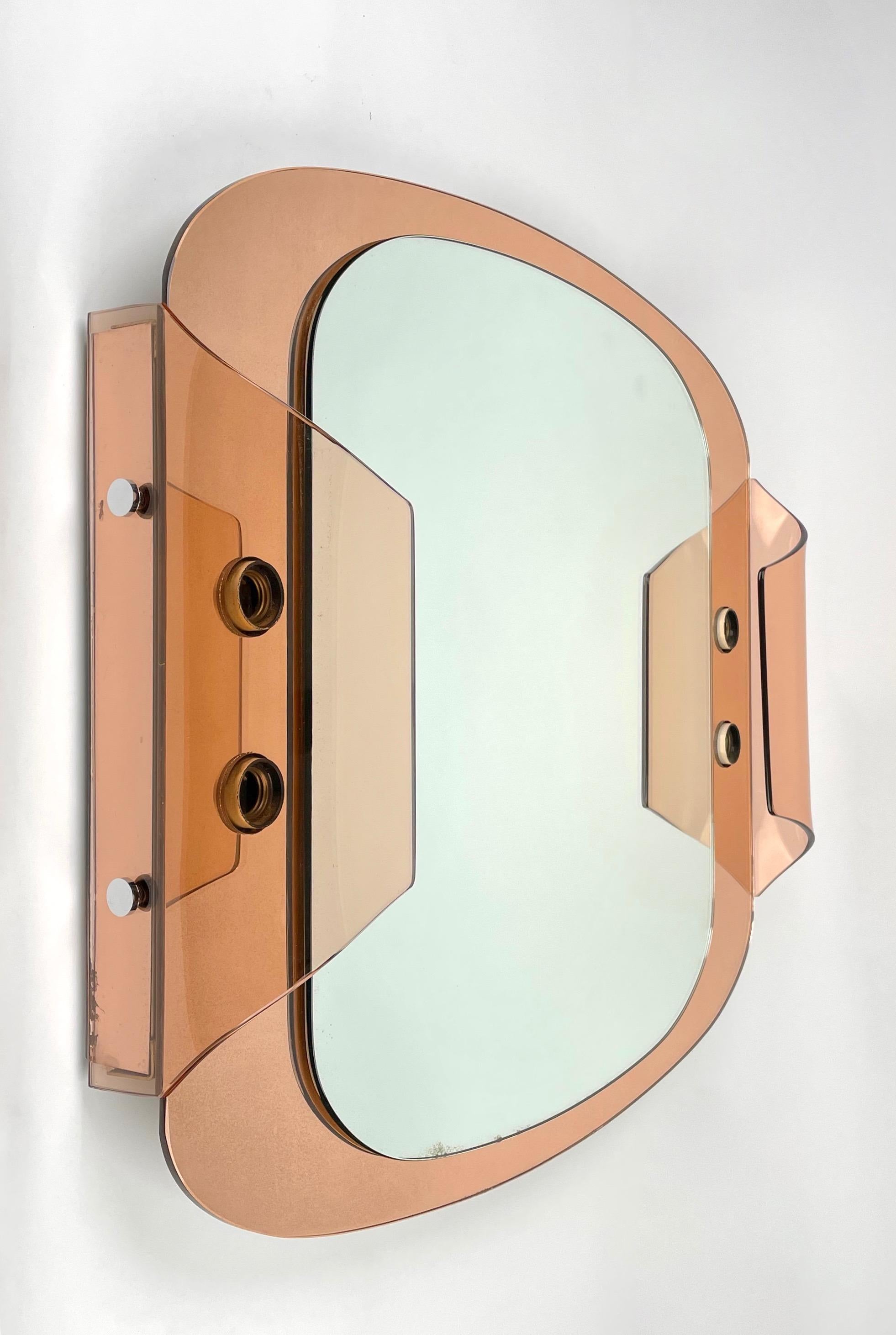 Mid-Century Modern Pink Glass Wall Mirror with Light by Veca, Italy, 1970s For Sale