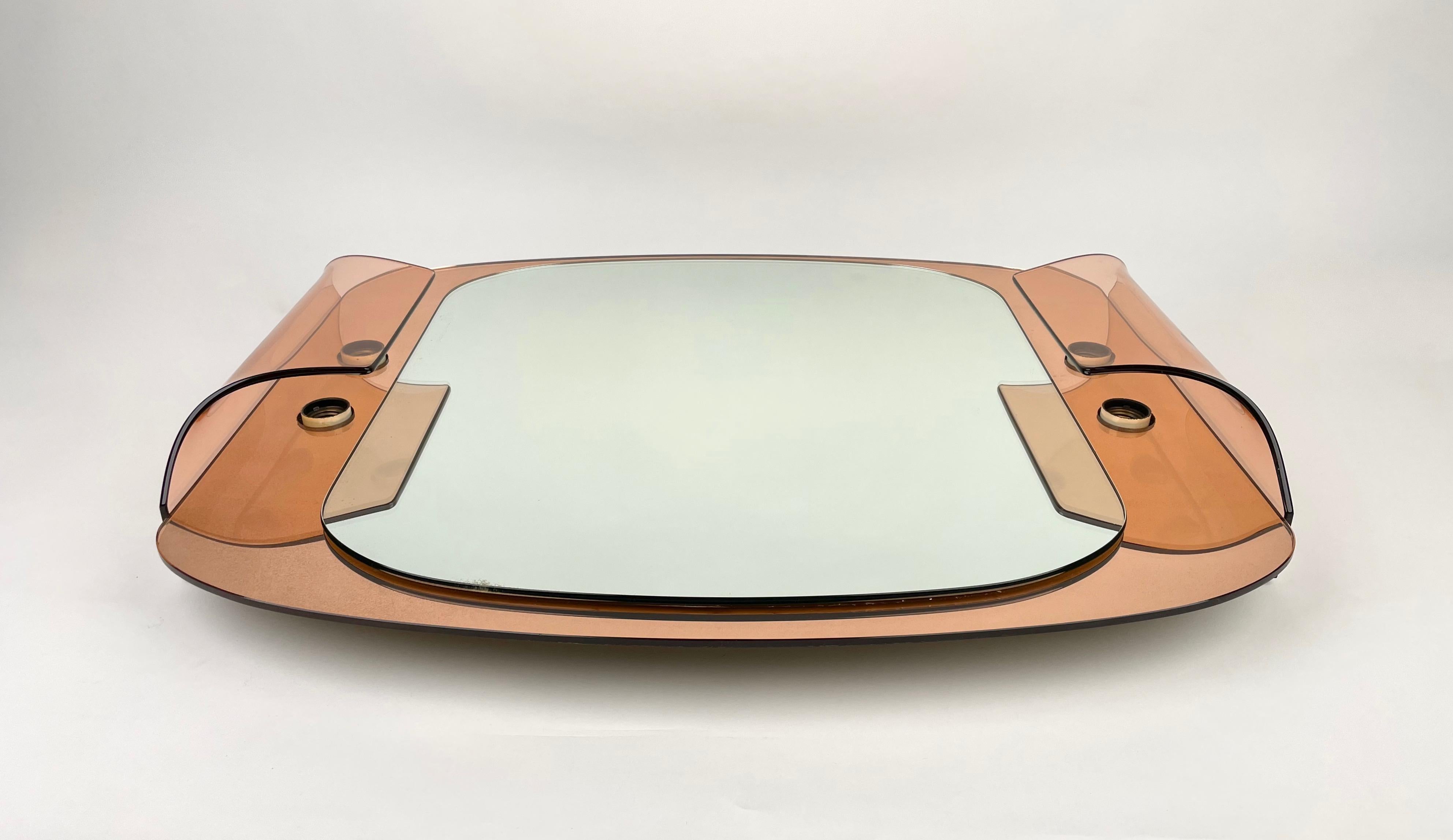 Italian Pink Glass Wall Mirror with Light by Veca, Italy, 1970s For Sale