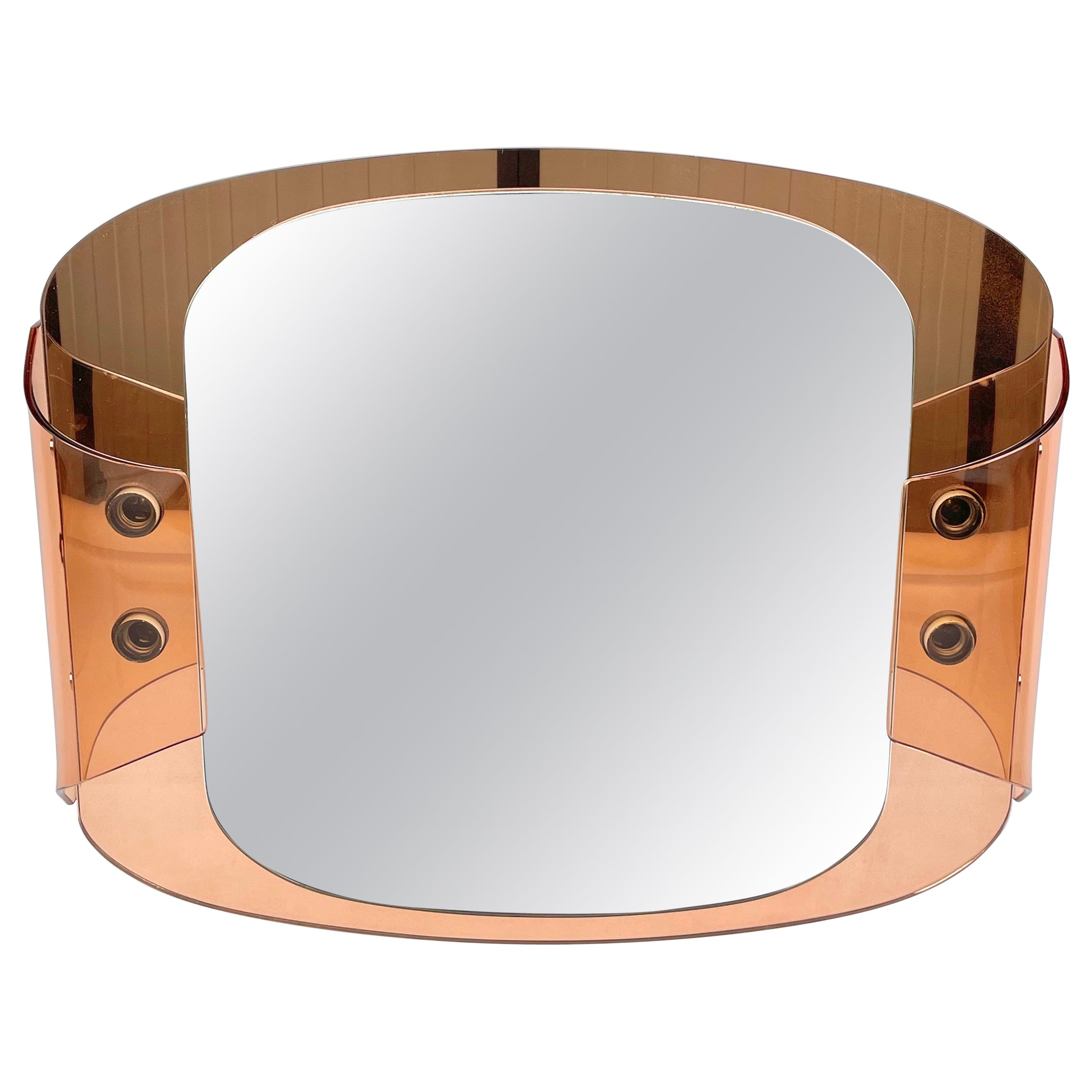 Pink Glass Wall Mirror with Light by Veca, Italy, 1970s