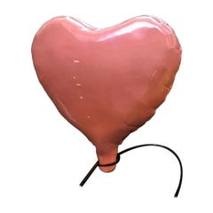 Pink glossy ceramic heart balloon sculpture handmade for wall, Valentines