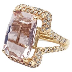 Pink Gold 14 Carat Morganite and Diamond Halo 18 Karat Ring