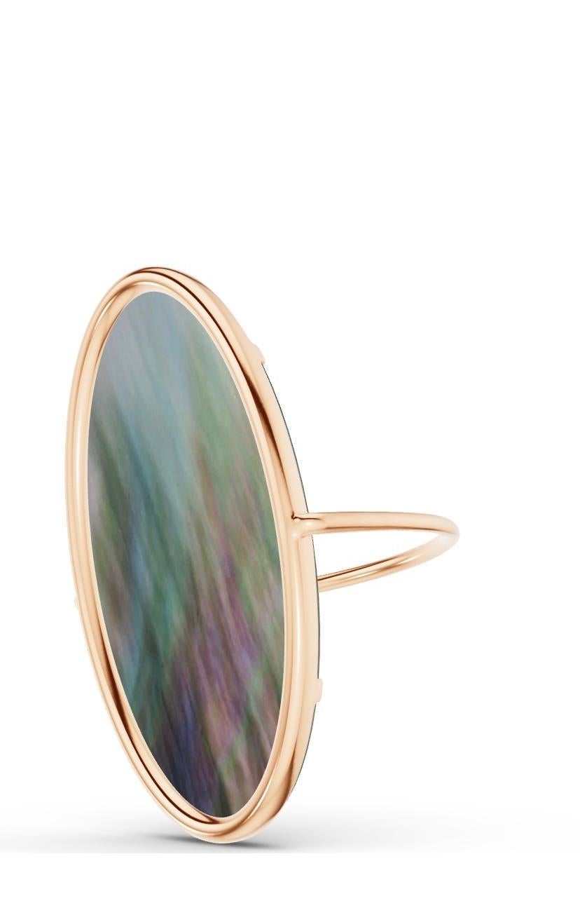 Pink Gold and Black Mother-of-pearl Ring
18 Carat pink gold ring with a black mother-of-pearl. From the shape of the ellipse to that of the sequin, it is a game of lots of voids, which is available in pink gold and ornamental stones. Black