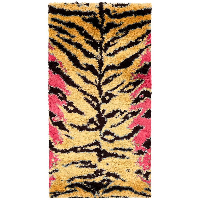 Pink, Gold, and Black Silk Shag Tiger Area Rug For Sale at 1stDibs