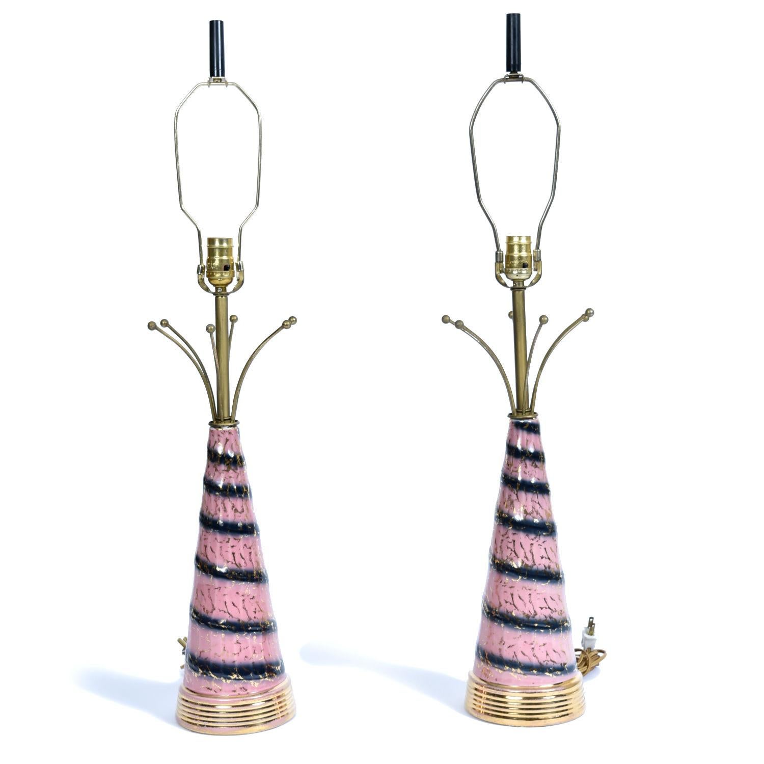 Pink Gold and Black Sputnik Starburst Ceramic Mid-Century Modern Table Lamps In Excellent Condition In Chattanooga, TN
