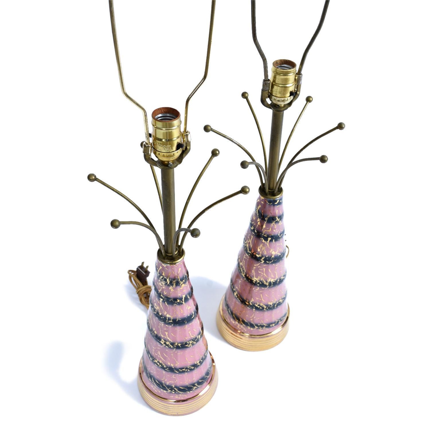 Pink Gold and Black Sputnik Starburst Ceramic Mid-Century Modern Table Lamps 2
