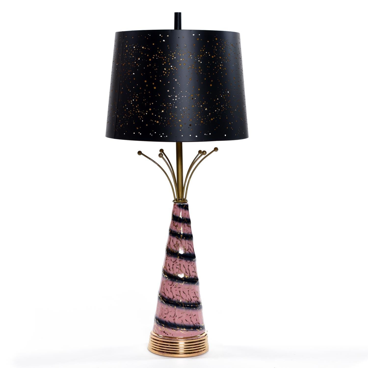 Hollywood Regency Pink Gold and Black Sputnik Starburst Ceramic Mid-Century Modern Table Lamps