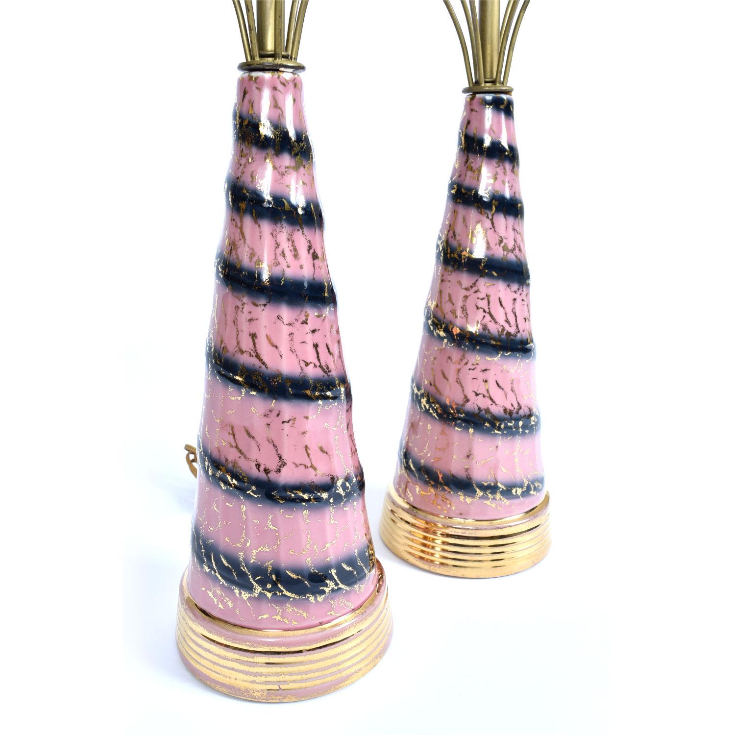American Pink Gold and Black Sputnik Starburst Ceramic Mid-Century Modern Table Lamps