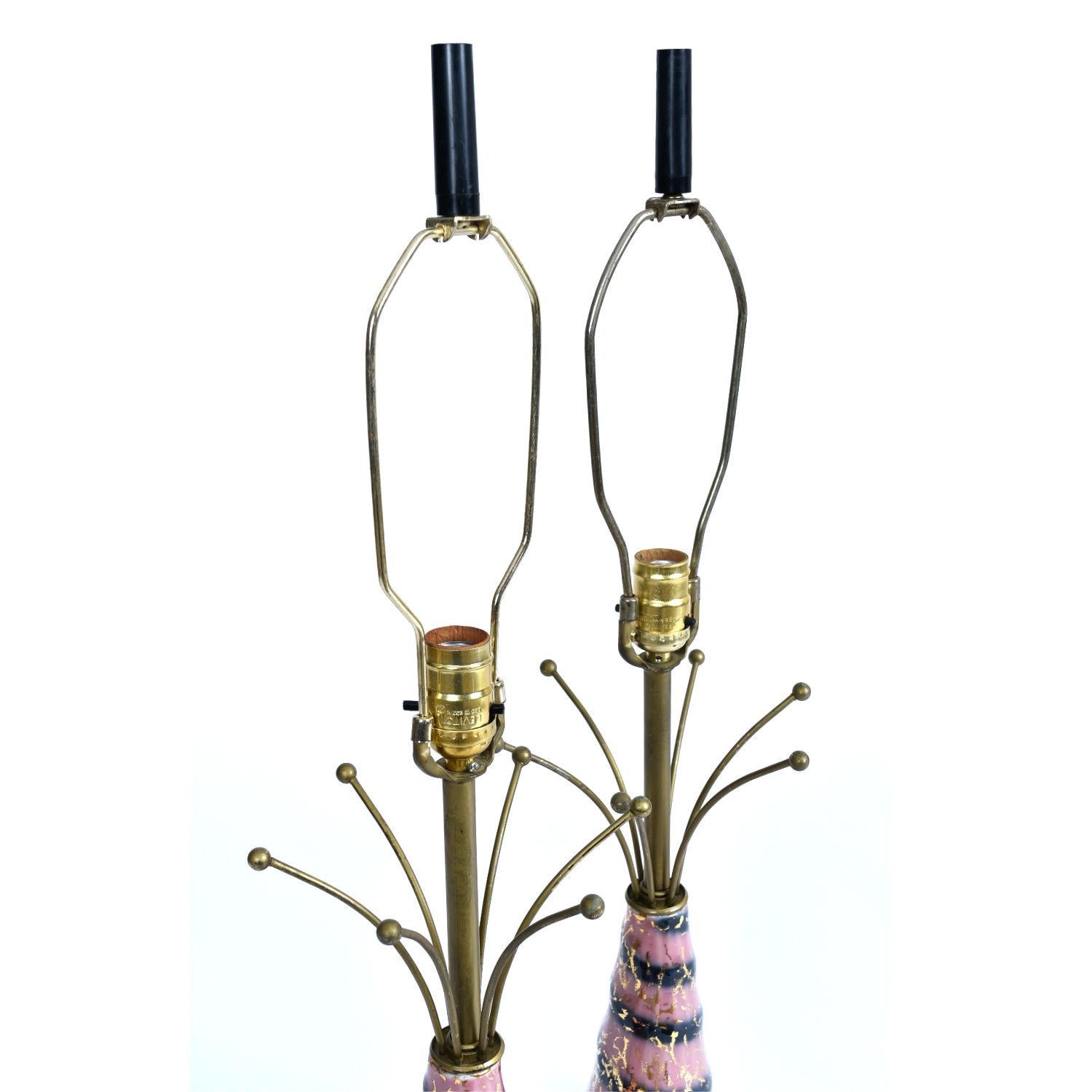 Pink Gold and Black Sputnik Starburst Ceramic Mid-Century Modern Table Lamps 3