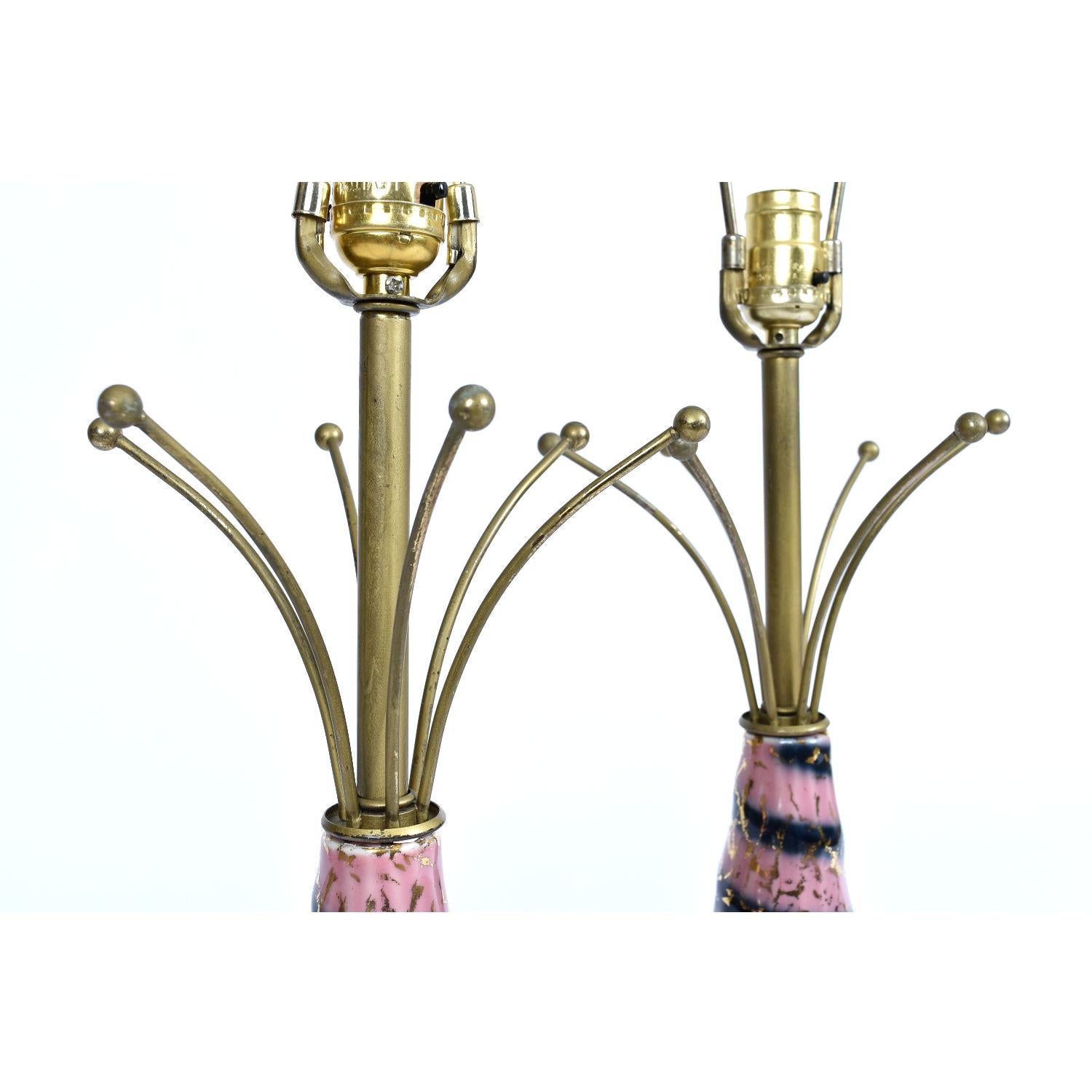 Pink Gold and Black Sputnik Starburst Ceramic Mid-Century Modern Table Lamps 5