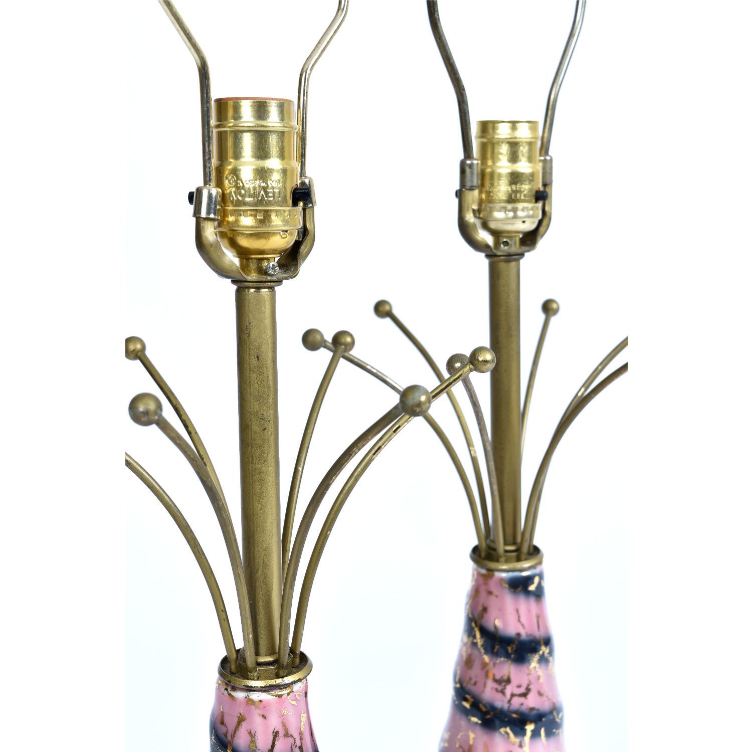 Pink Gold and Black Sputnik Starburst Ceramic Mid-Century Modern Table Lamps 6
