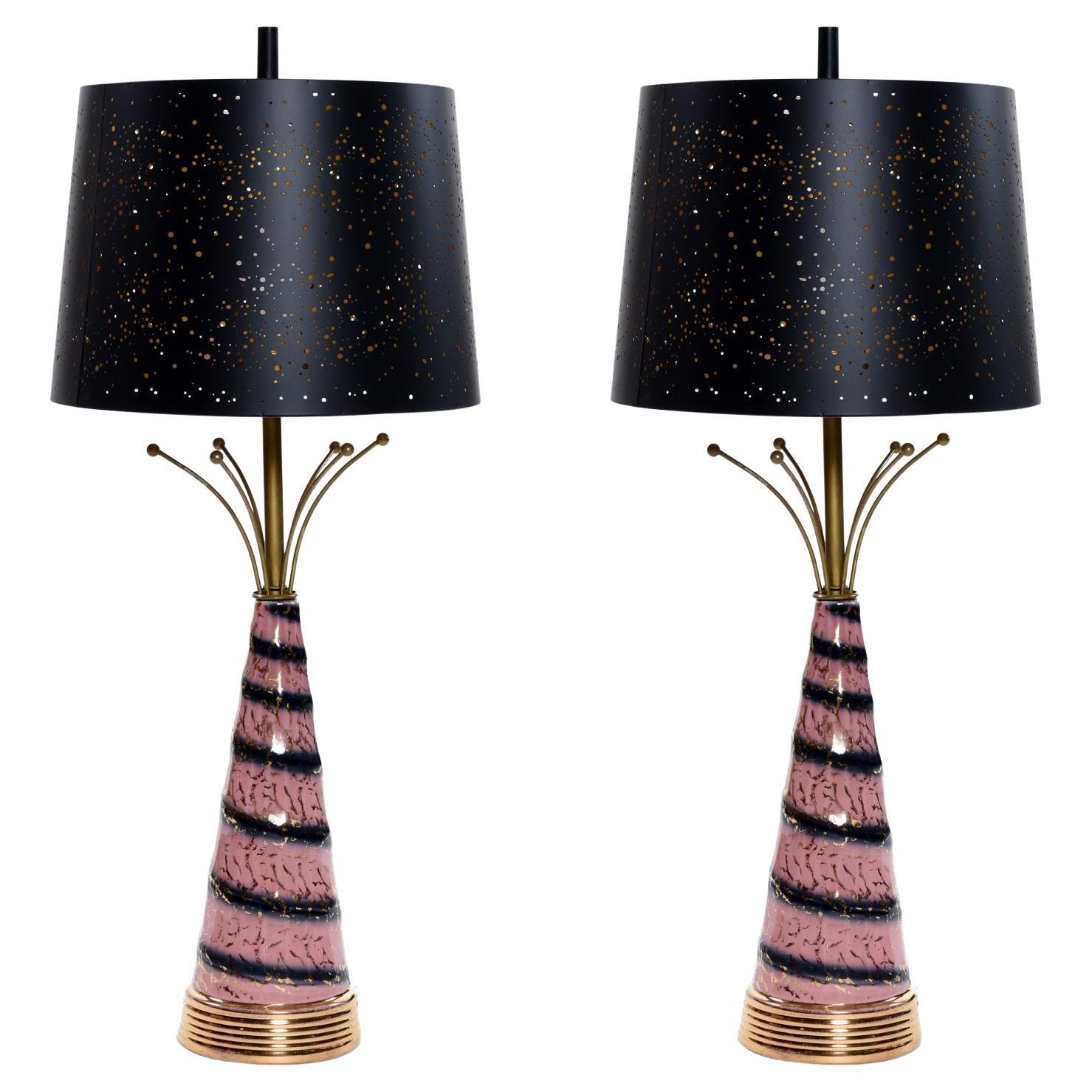 Pink Gold and Black Sputnik Starburst Ceramic Mid-Century Modern Table Lamps