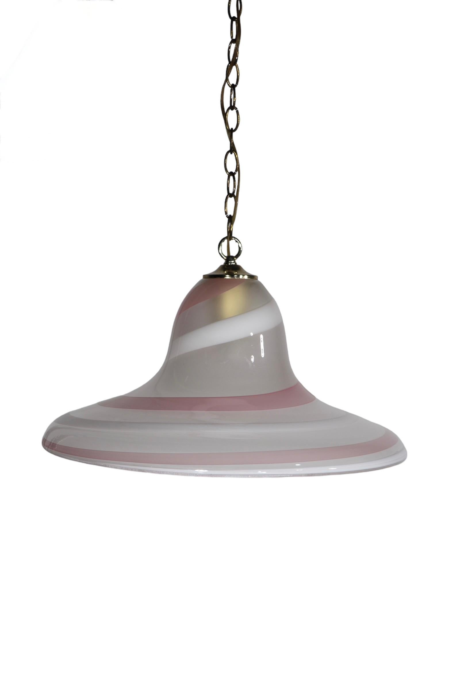 Pink Gold and White Swirl Murano Bell or Hat Form Chandelier c 1970's In Good Condition For Sale In New York, NY