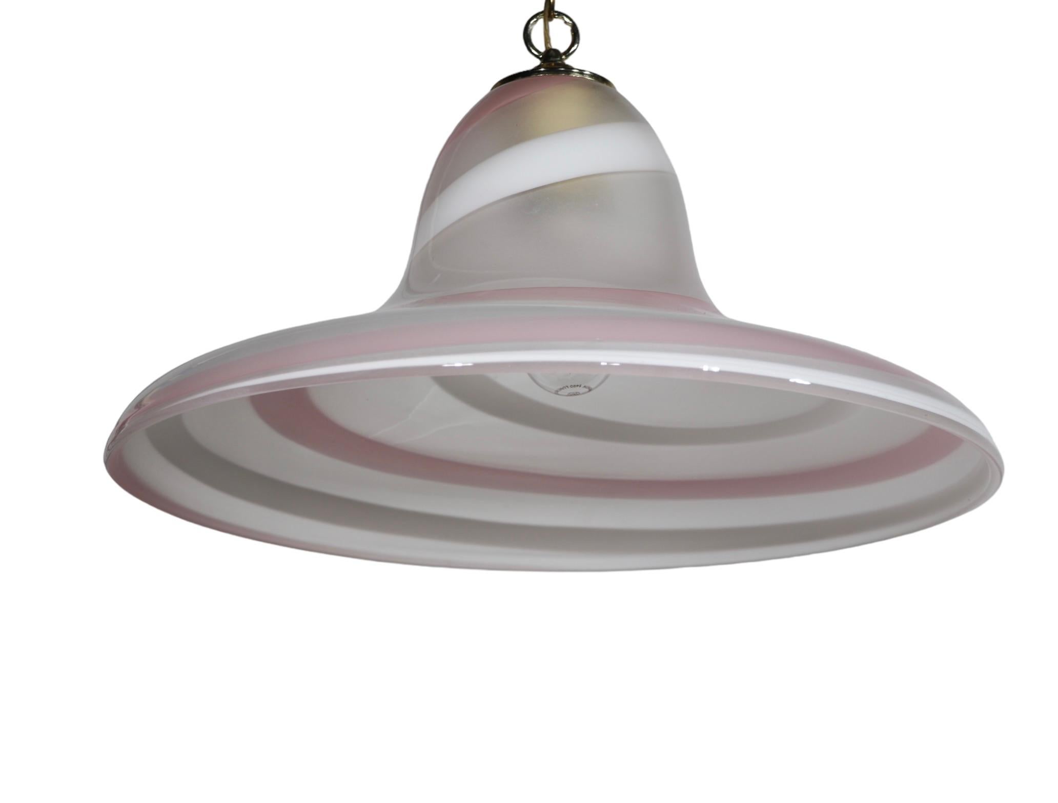 Art Glass Pink Gold and White Swirl Murano Bell or Hat Form Chandelier c 1970's For Sale