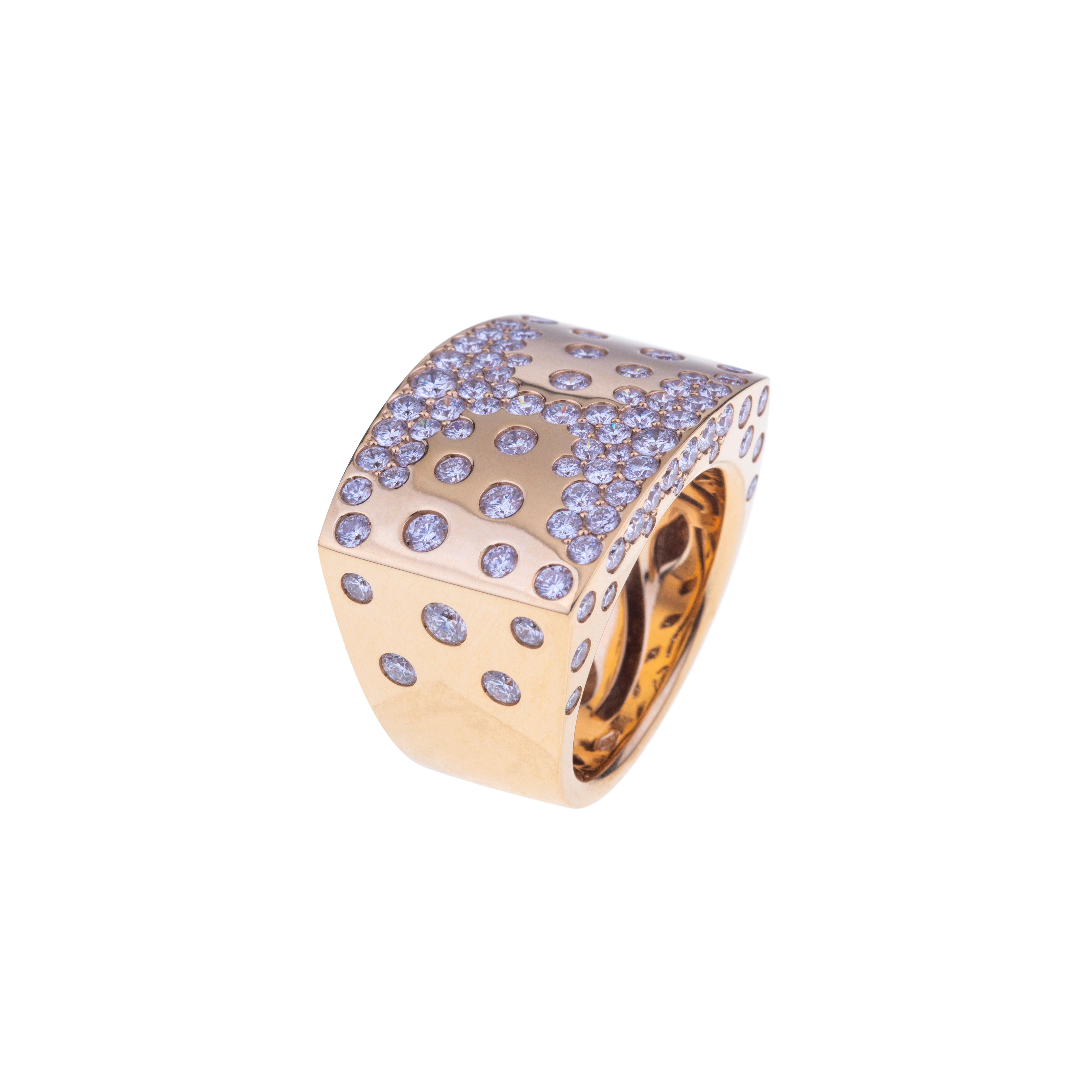 Pink Gold Band Ring with Mixed Diamonds.
An  Extraordinary Random Diamond Design where stones are set on a Gold Band Ring for  Cocktails and Elegant Social Events.
The Weight of 18kt Gold is gr. 15.1 and Diamonds are ct. 2.80 G SI.
Wholly