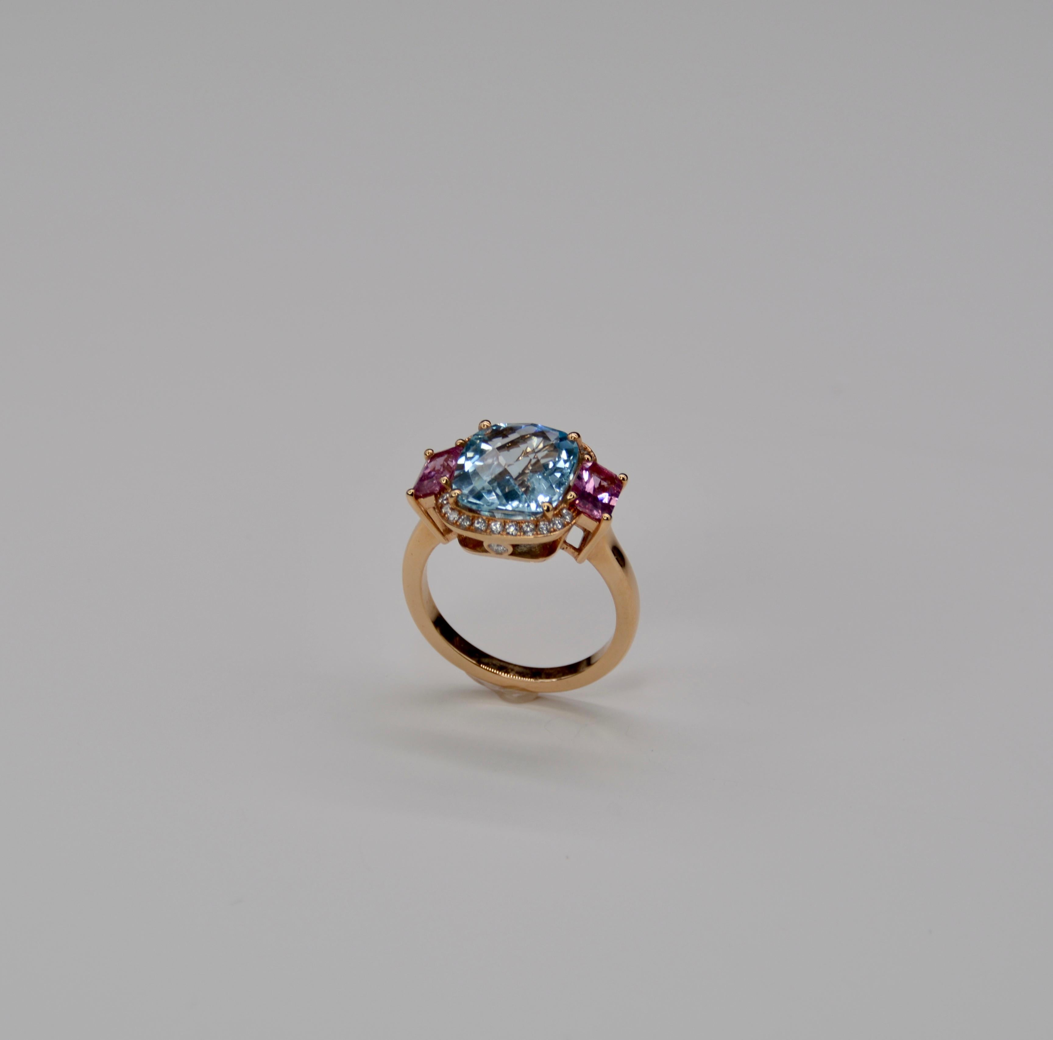 Brilliant Cut Pink Gold Cocktail Ring Set with Topaz Pink Sapphire Diamonds For Sale