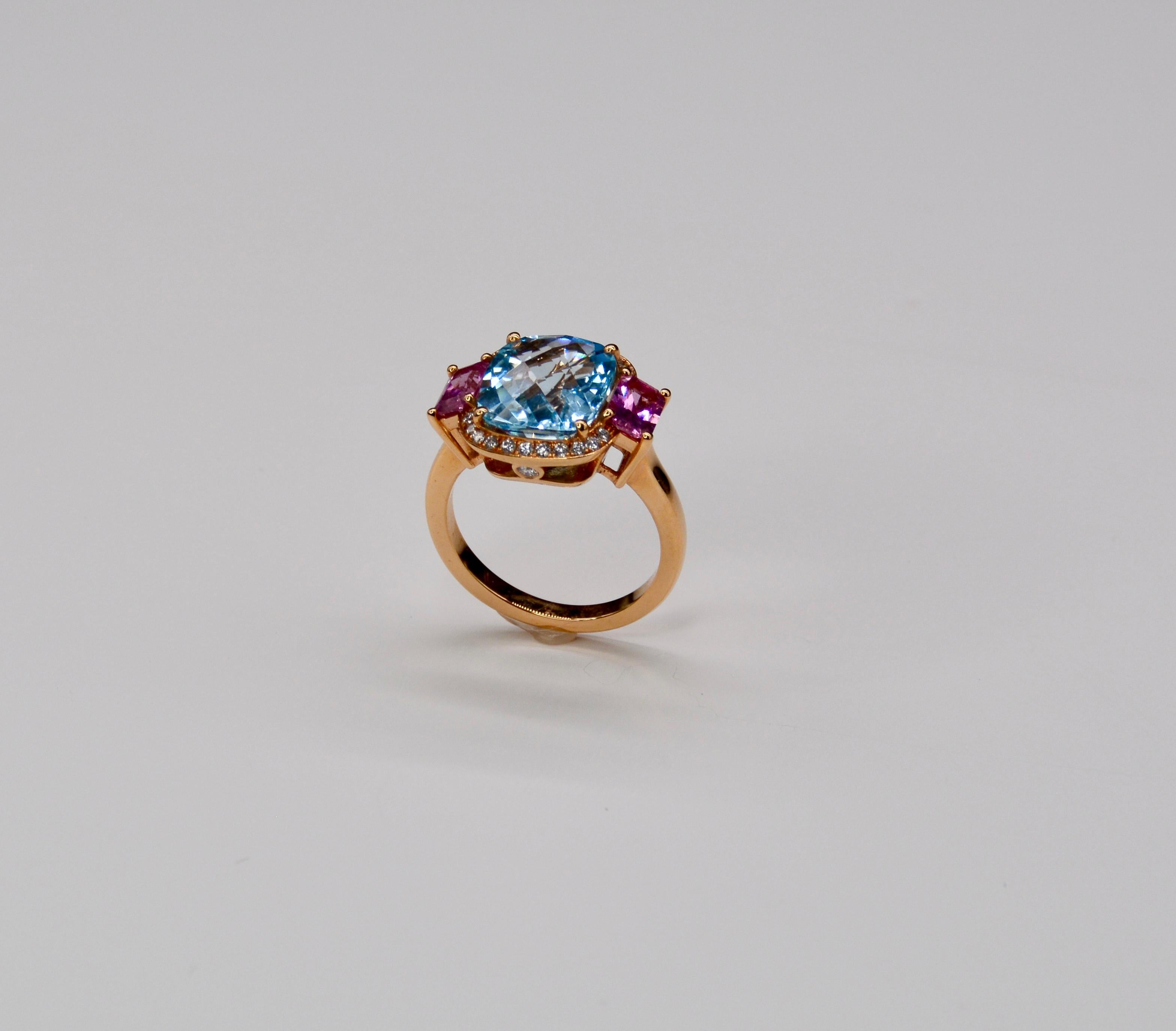 Pink Gold Cocktail Ring Set with Topaz Pink Sapphire Diamonds In New Condition For Sale In Vannes, FR
