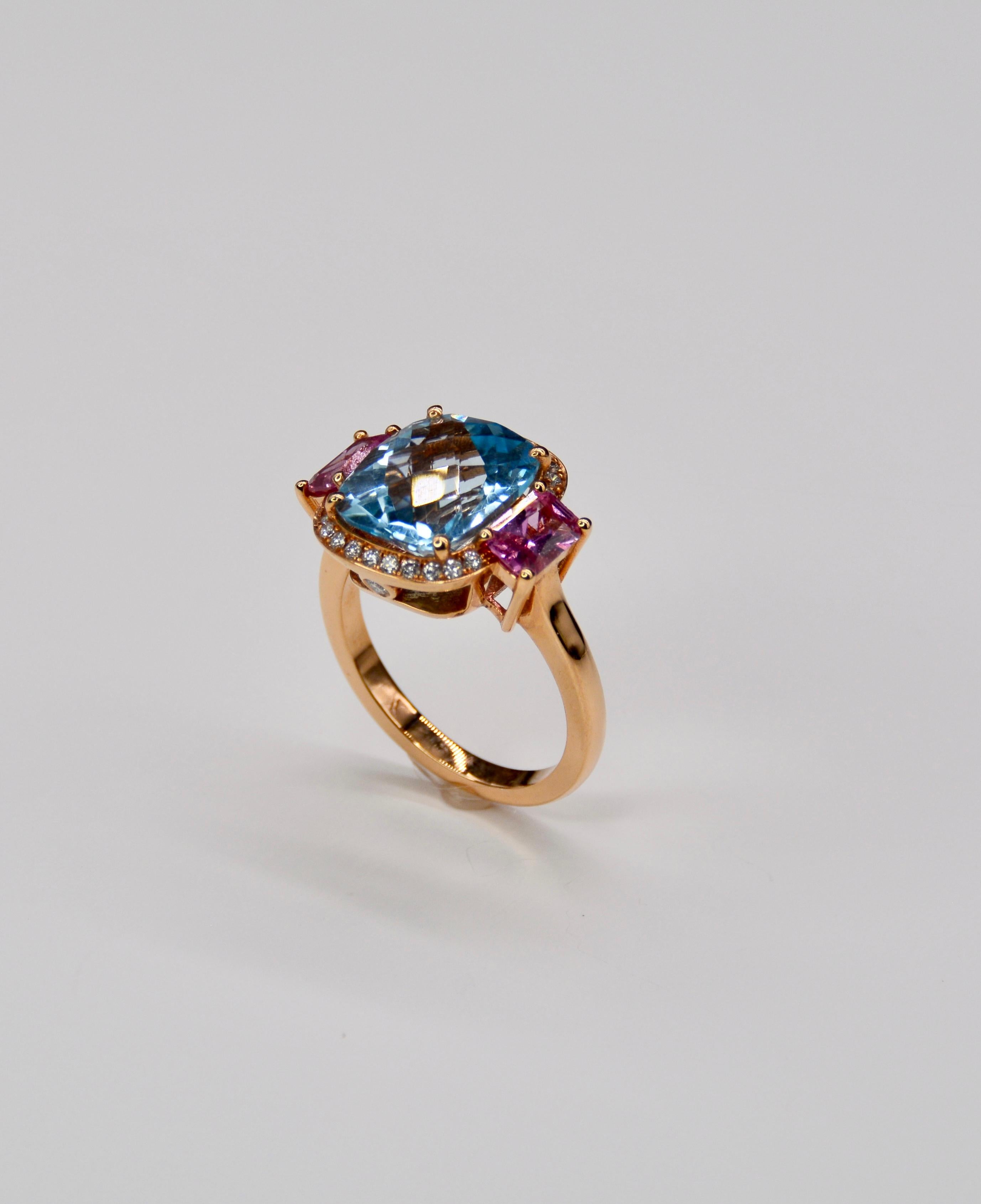 Women's Pink Gold Cocktail Ring Set with Topaz Pink Sapphire Diamonds For Sale