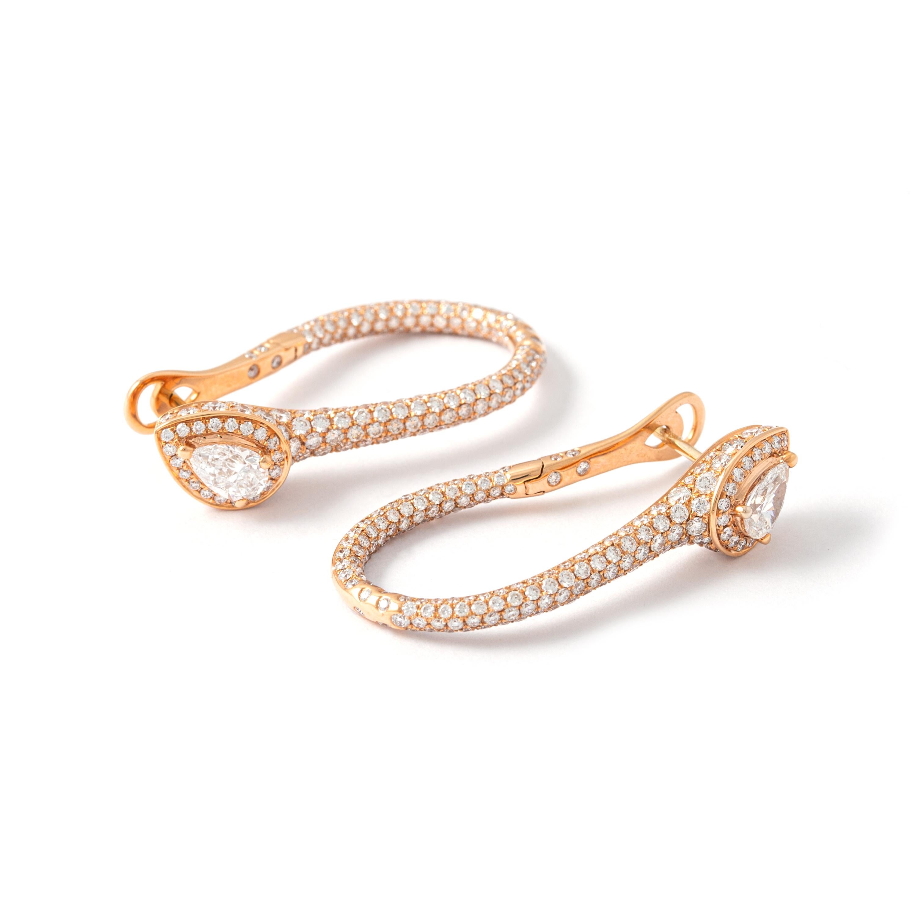 Earrings in 18kt pink gold set with 442 diamonds 3.23 cts and 2 pear-shaped cut diamonds 0.86 cts       