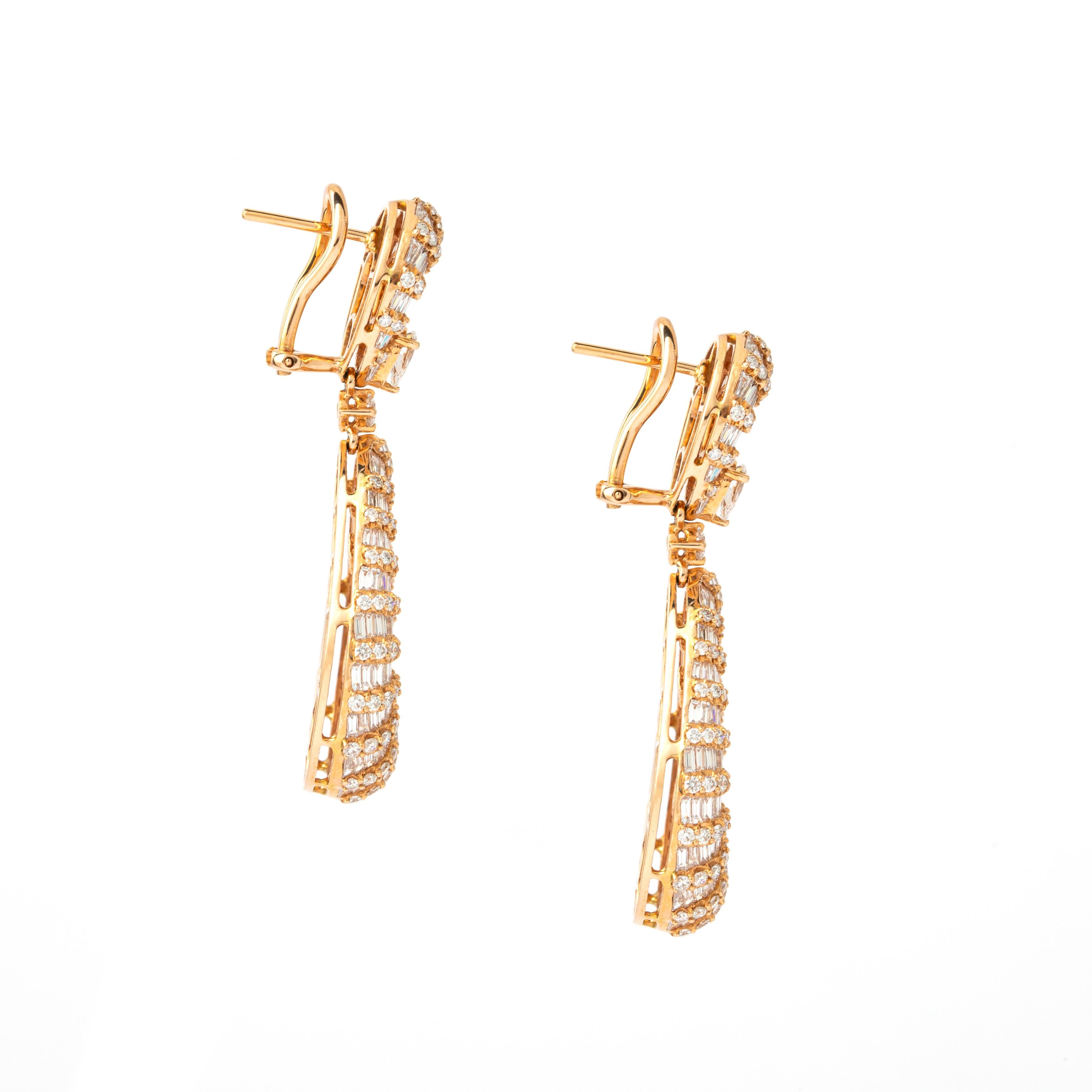 Baguette Cut Pink Gold Diamond Earrings For Sale