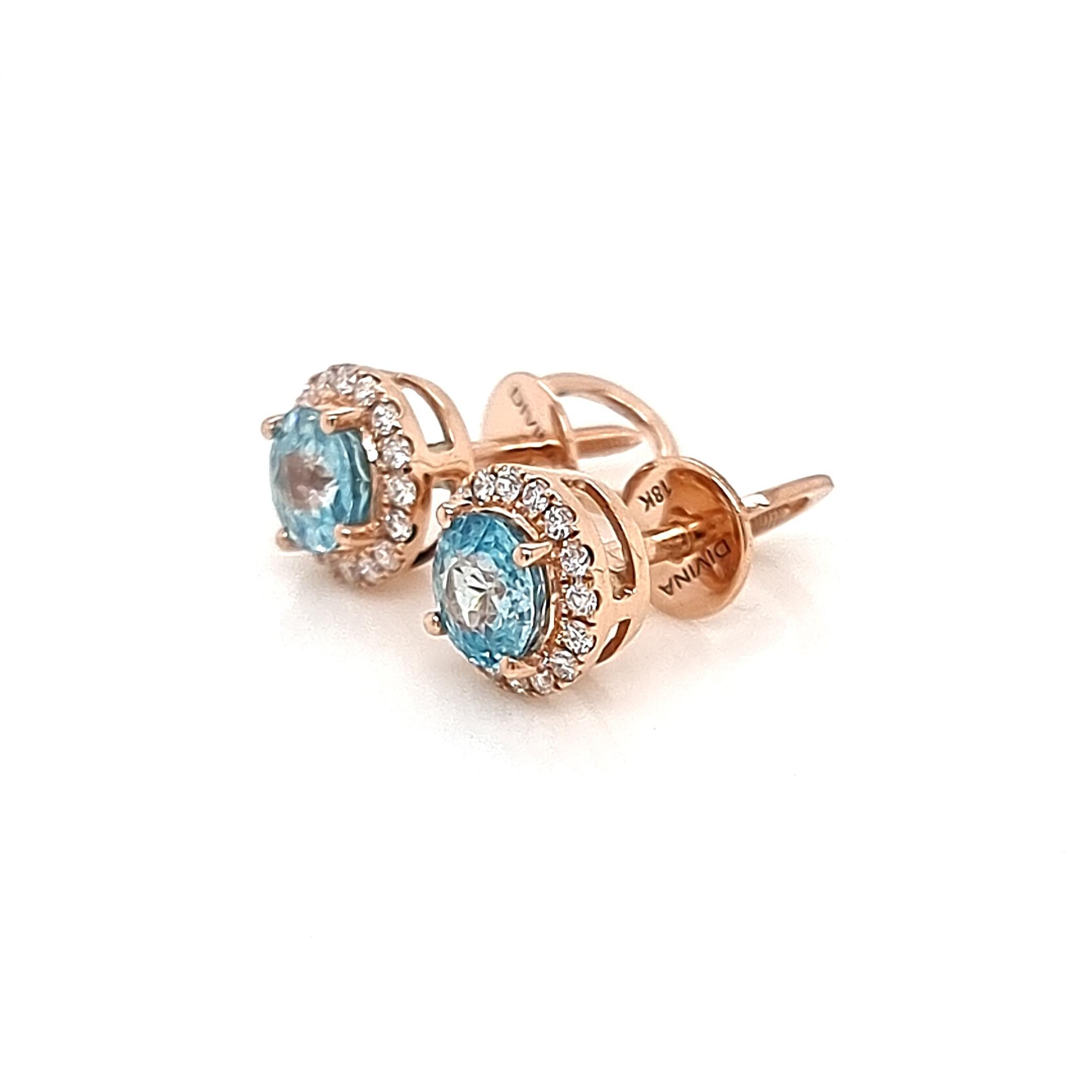 Round Cut Pink Gold Earring Studs with White Diamonds and Light Blue Natural Zircon For Sale