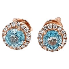Pink Gold Earring Studs with White Diamonds and Light Blue Natural Zircon