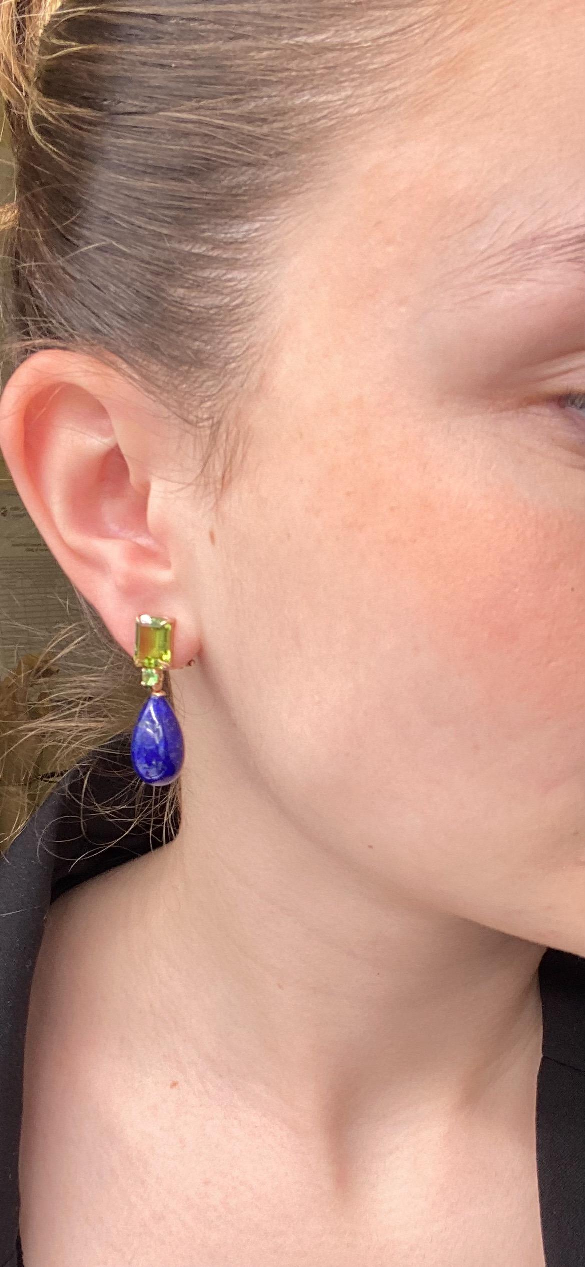 Art Deco Pink Gold Earrings with Peridots, Tsavorite and a Drop in Lapis Lazuli  For Sale