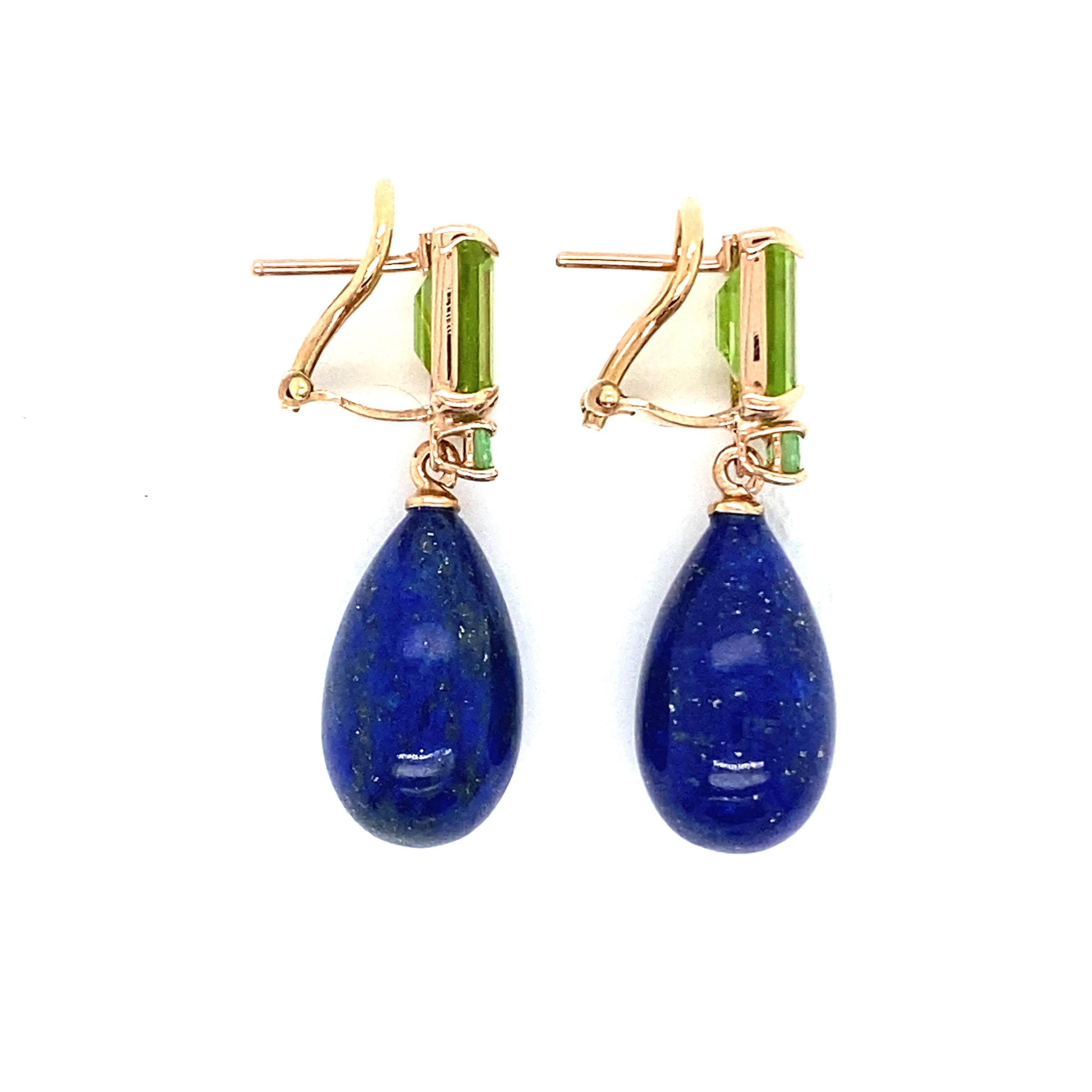 Mixed Cut Pink Gold Earrings with Peridots, Tsavorite and a Drop in Lapis Lazuli  For Sale
