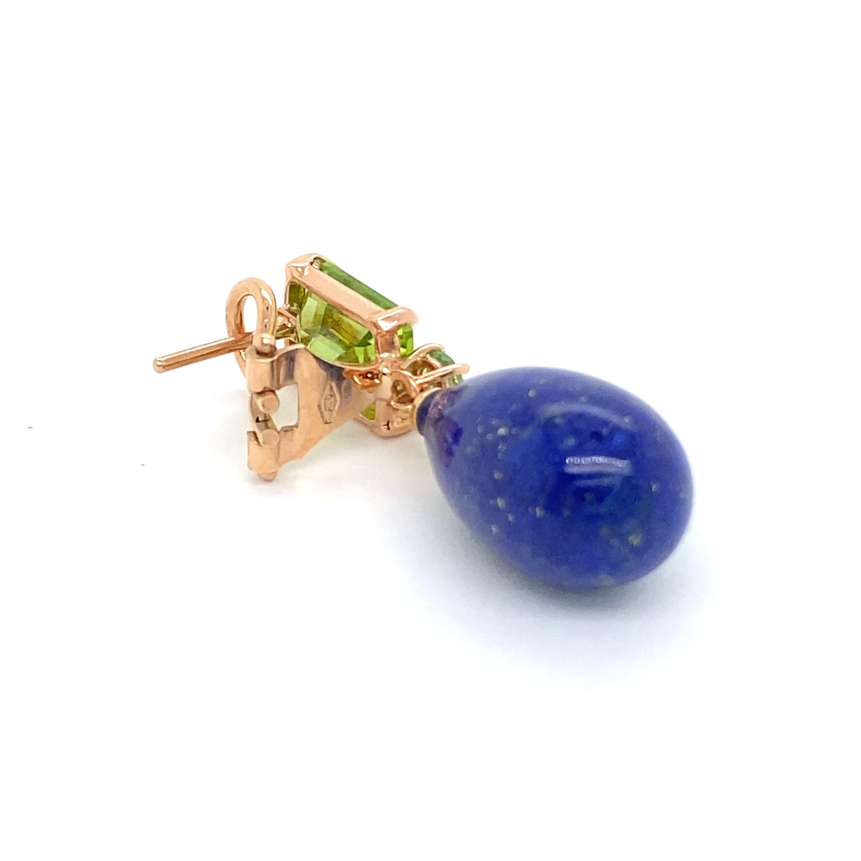 Pink Gold Earrings with Peridots, Tsavorite and a Drop in Lapis Lazuli  In New Condition For Sale In Vannes, FR