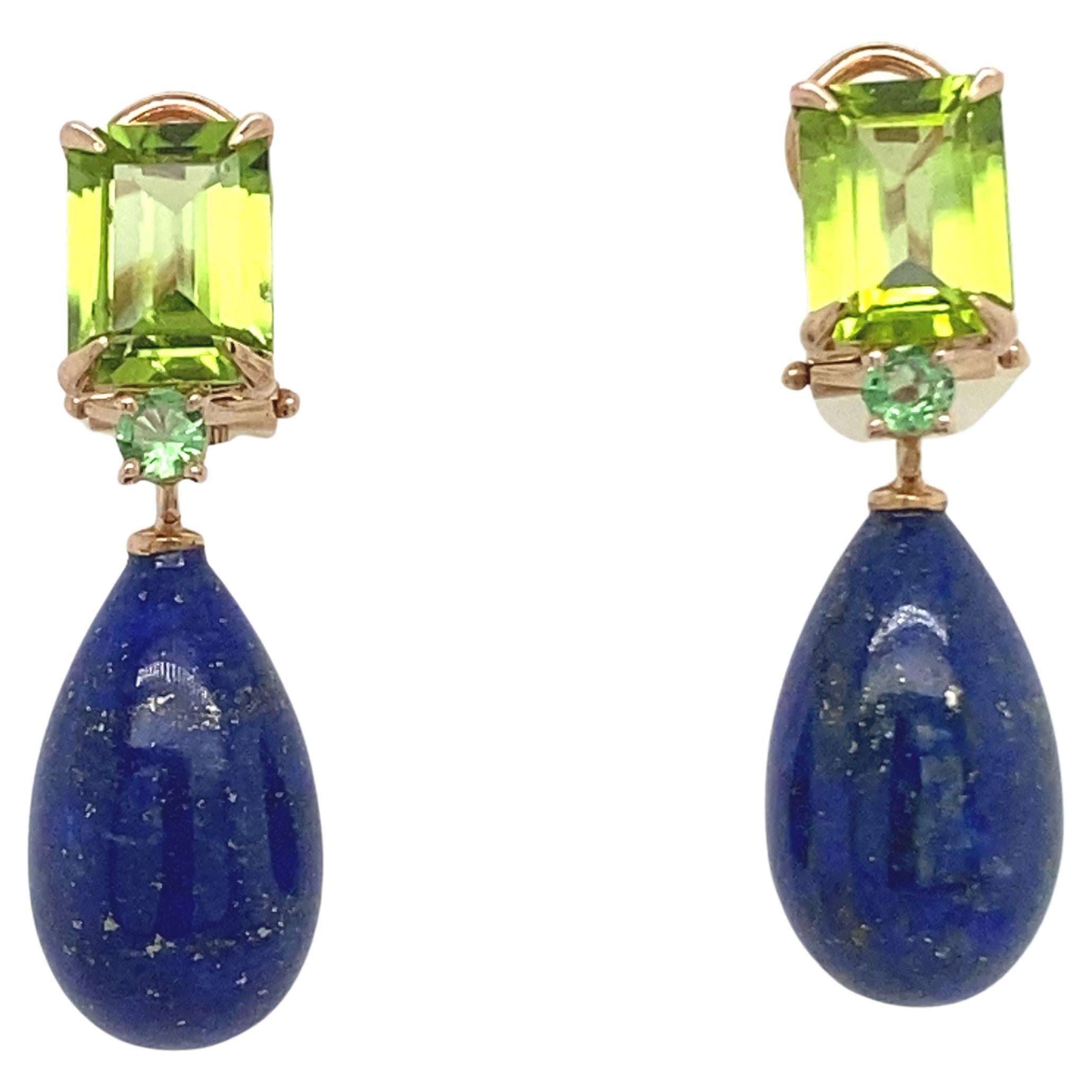 Pink Gold Earrings with Peridots, Tsavorite and a Drop in Lapis Lazuli  For Sale