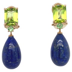 Pink Gold Earrings with Peridots, Tsavorite and a Drop in Lapis Lazuli 