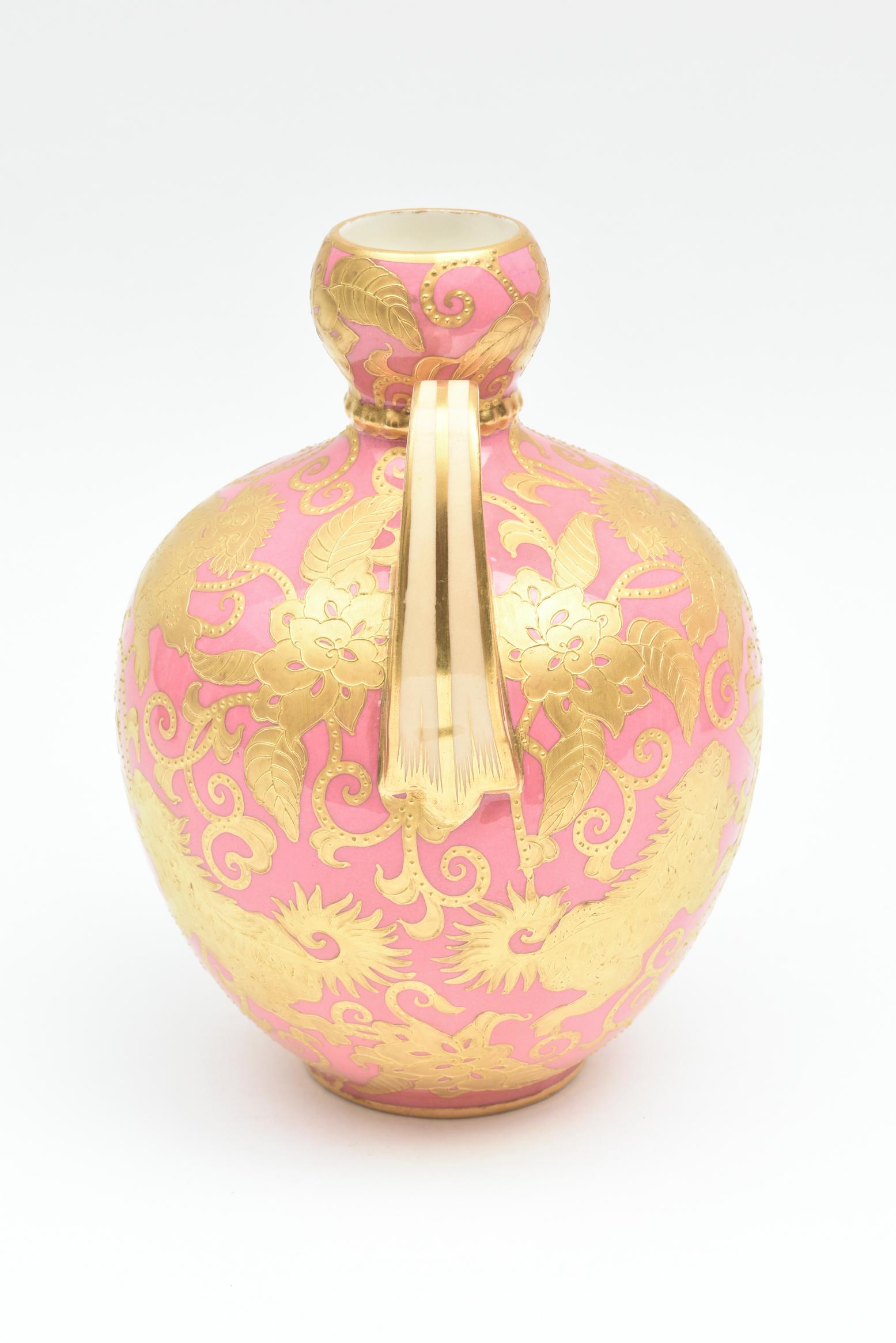 English Pink & Gold Encrusted Vase, Foo Dog Design with Elaborate Handles