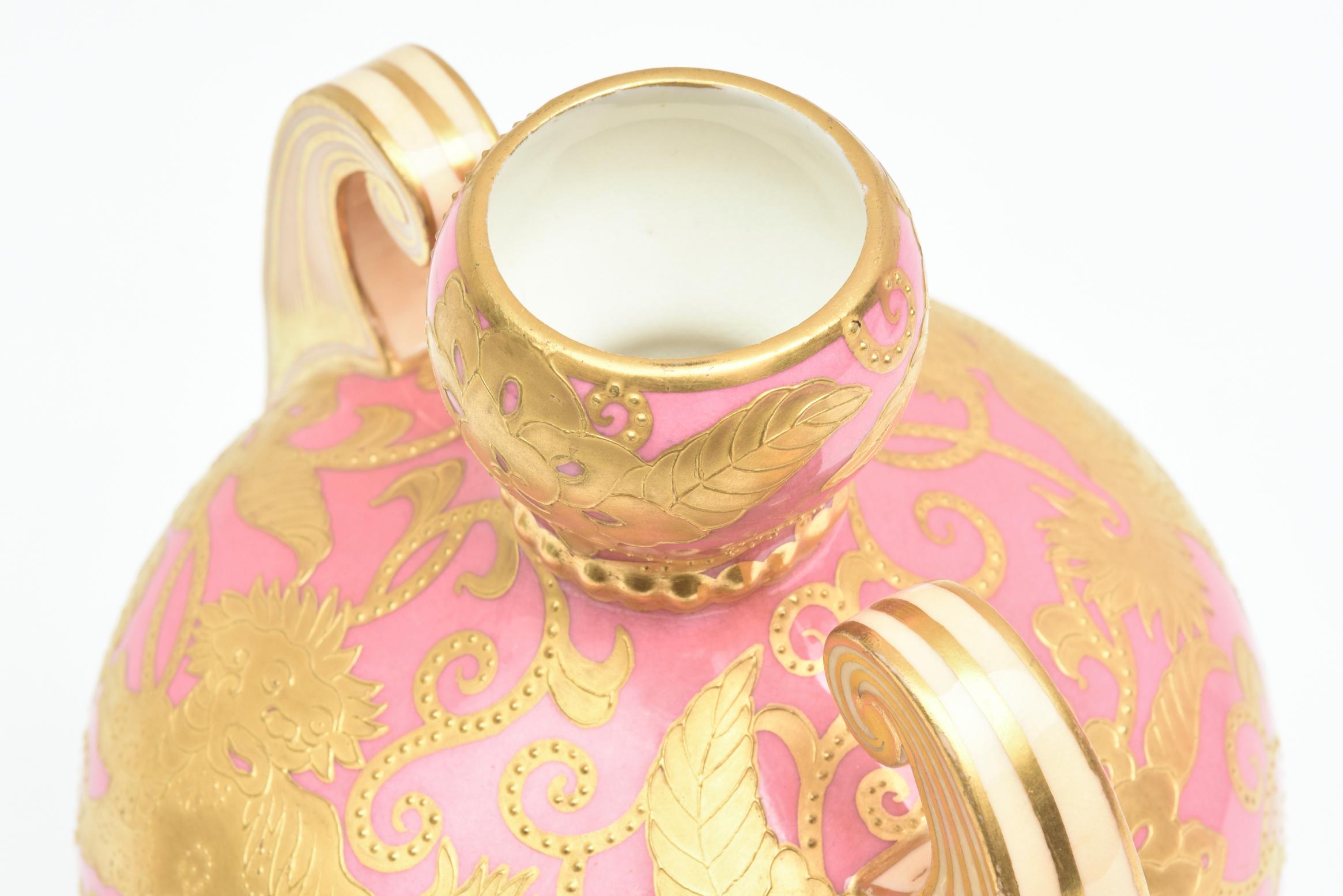 Hand-Crafted Pink & Gold Encrusted Vase, Foo Dog Design with Elaborate Handles