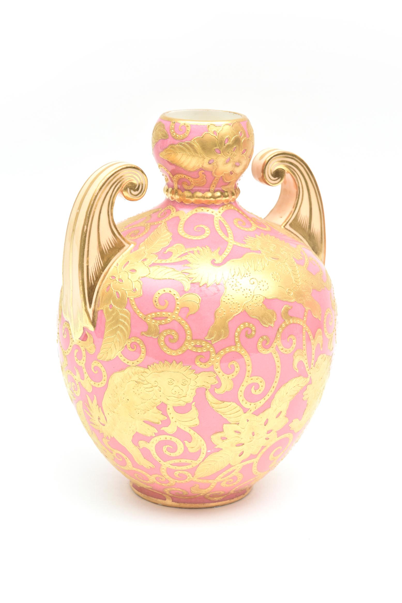 Late 19th Century Pink & Gold Encrusted Vase, Foo Dog Design with Elaborate Handles