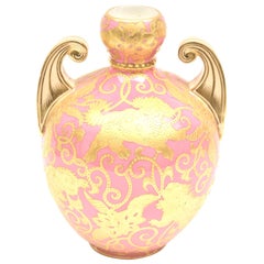 Pink & Gold Encrusted Vase, Foo Dog Design with Elaborate Handles