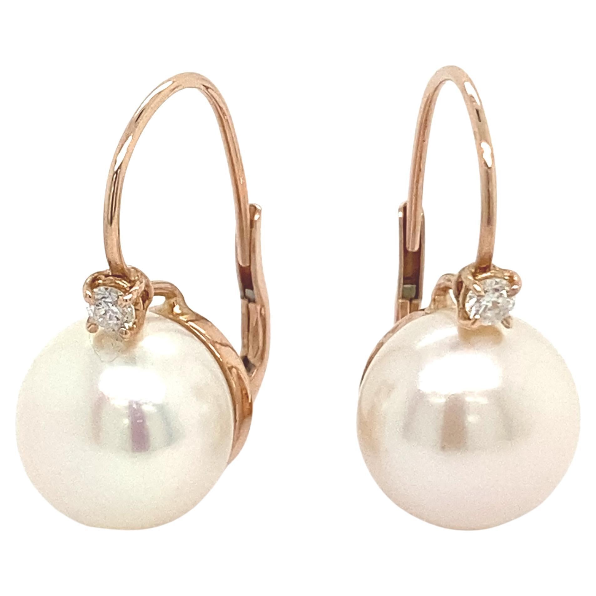  French Earrings, 0.14K Diamonds and Pearl Pink Gold For Sale