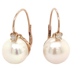  Boucles d'oreilles françaises en or rose 0,14 carat, diamants et perles