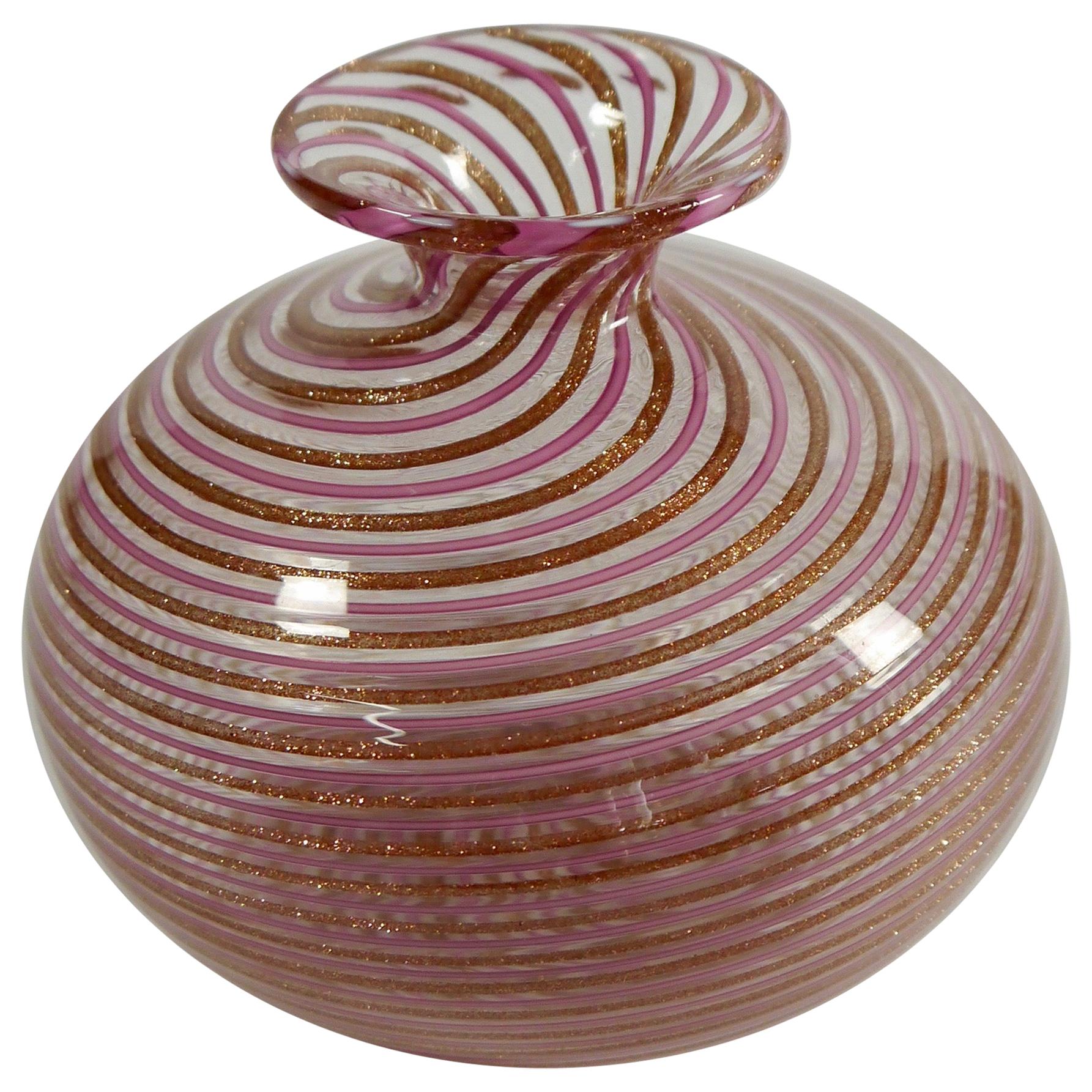 Pink & Gold Leaf Aventurine Mezza Filigrana Murano Glass Vase, Italy, 1950s