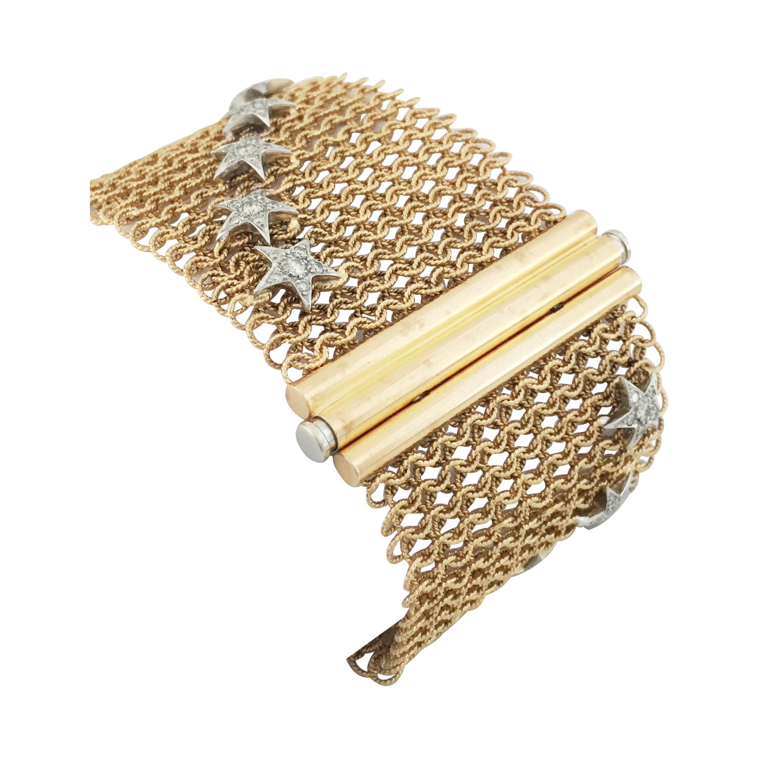 Contemporary Pink Gold Mesh Coat Bracelet, Decorated with 16 Stars Set with Brilliants