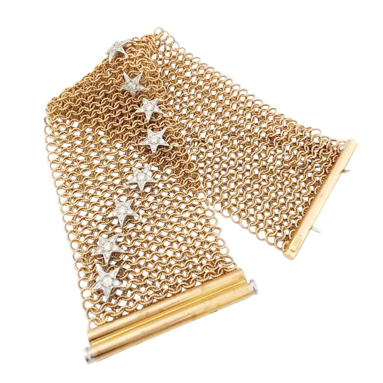 Round Cut Pink Gold Mesh Coat Bracelet, Decorated with 16 Stars Set with Brilliants