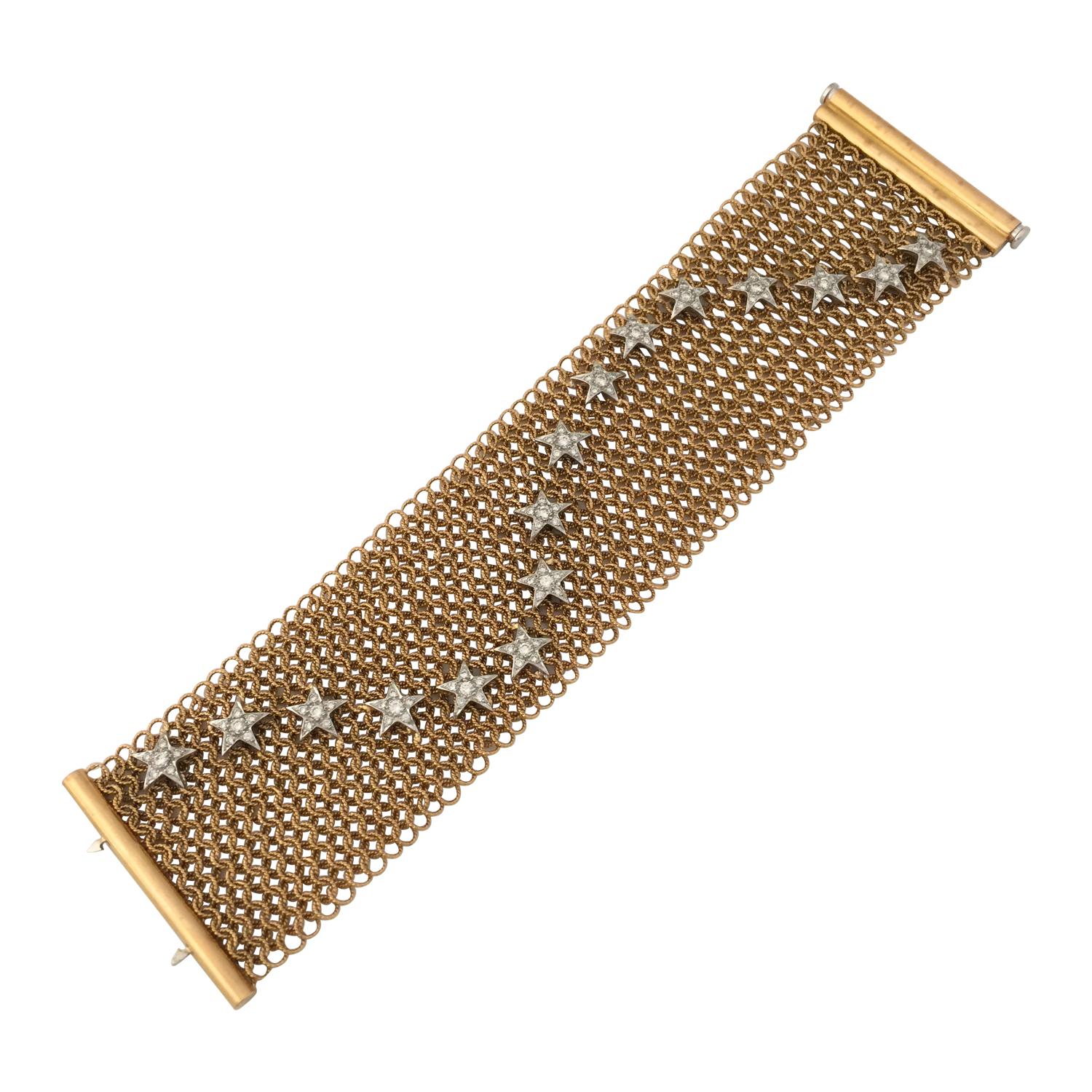 Pink Gold Mesh Coat Bracelet, Decorated with 16 Stars Set with Brilliants In Excellent Condition In Ebene, MU