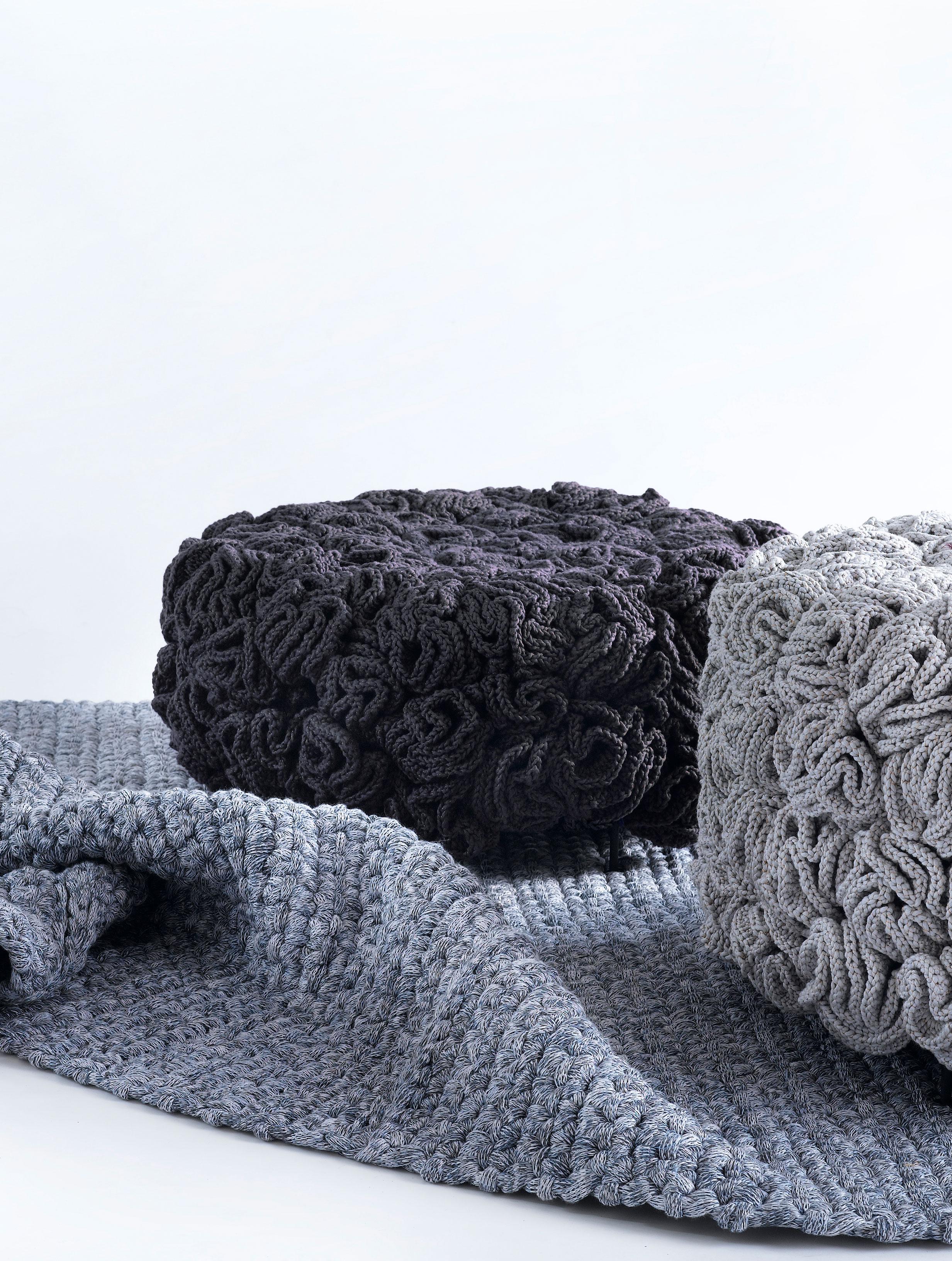 Israeli Dark Grey Black Mini Pouf, Handmade Crochet elements in Cotton and Polyester