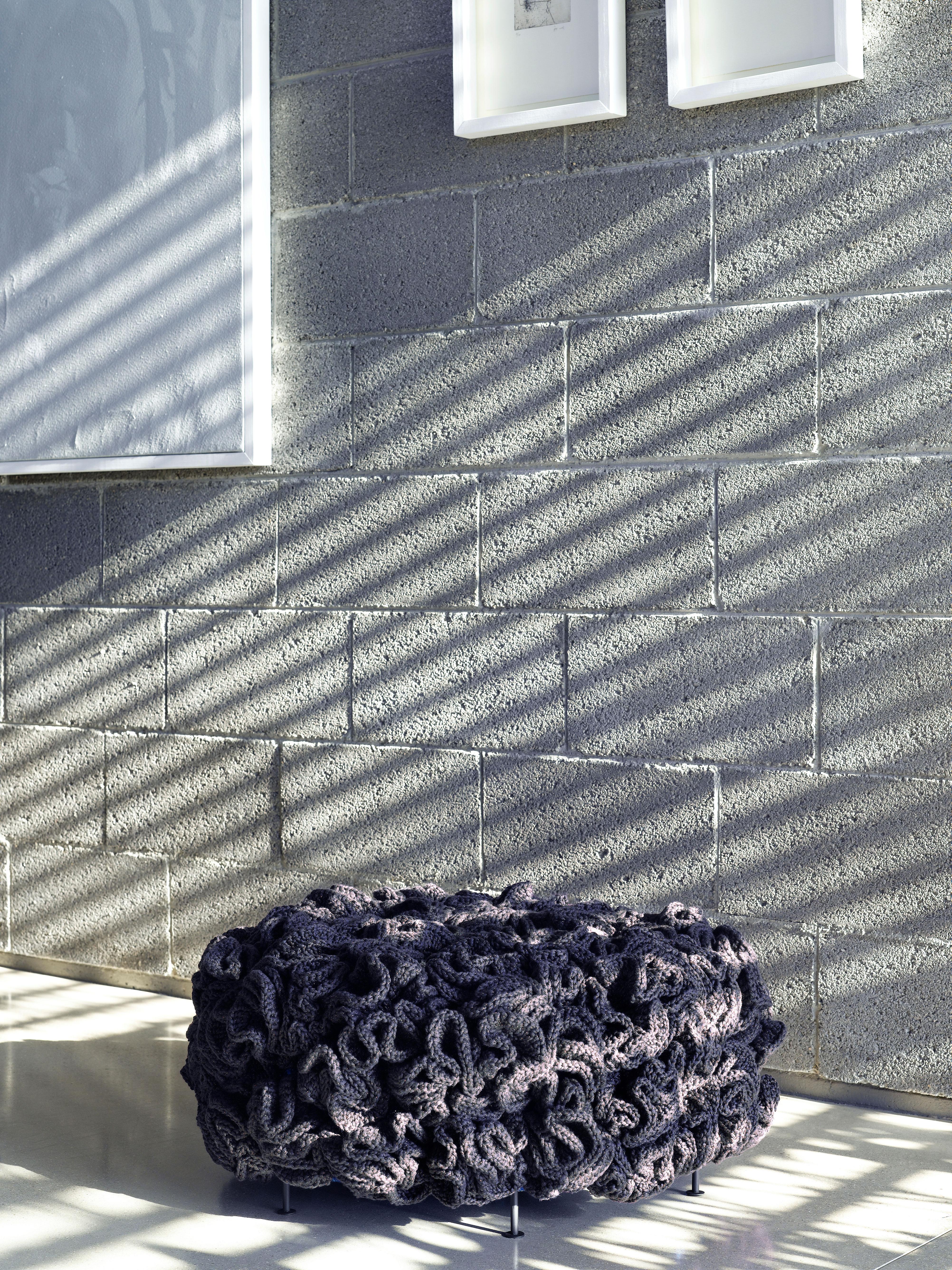 Dark Grey Black Mini Pouf, Handmade Crochet elements in Cotton and Polyester In New Condition In Tel Aviv, IL
