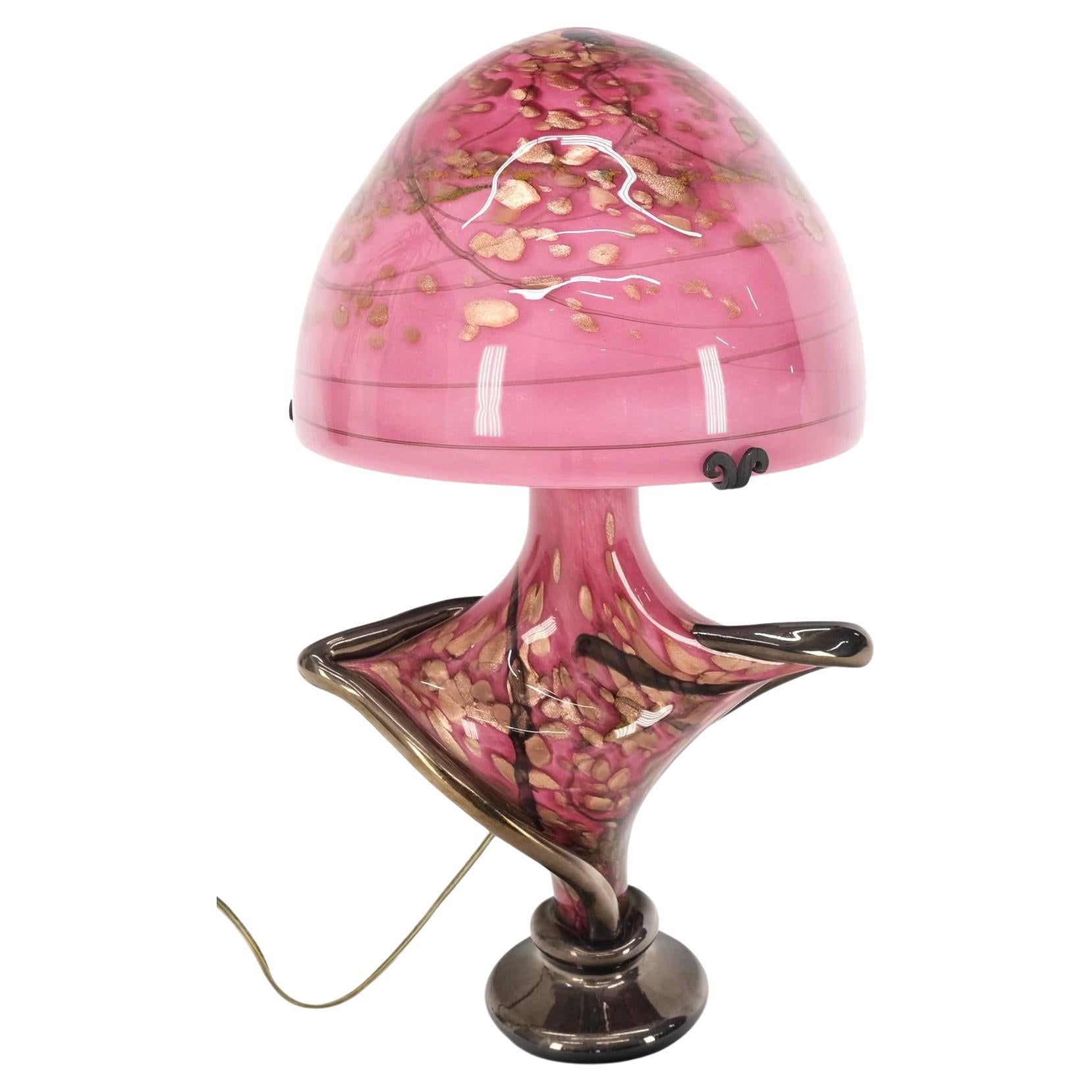 Pink & Gold Murano Art Glass Mushroom Shape Italian Table Lamp Nice For Sale