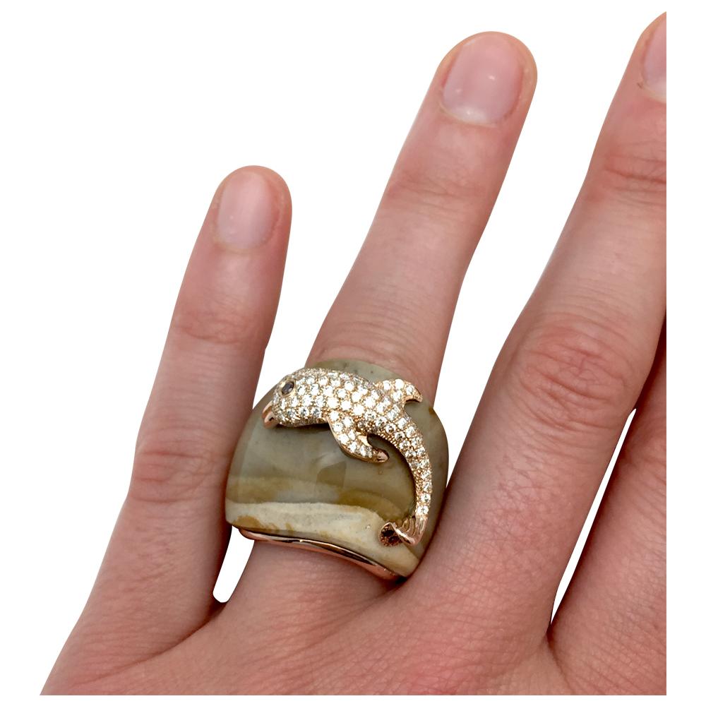 Contemporary Pink Gold Paolobongia Dolphin Ring Set with Diamonds, Jaspe and Garnet For Sale