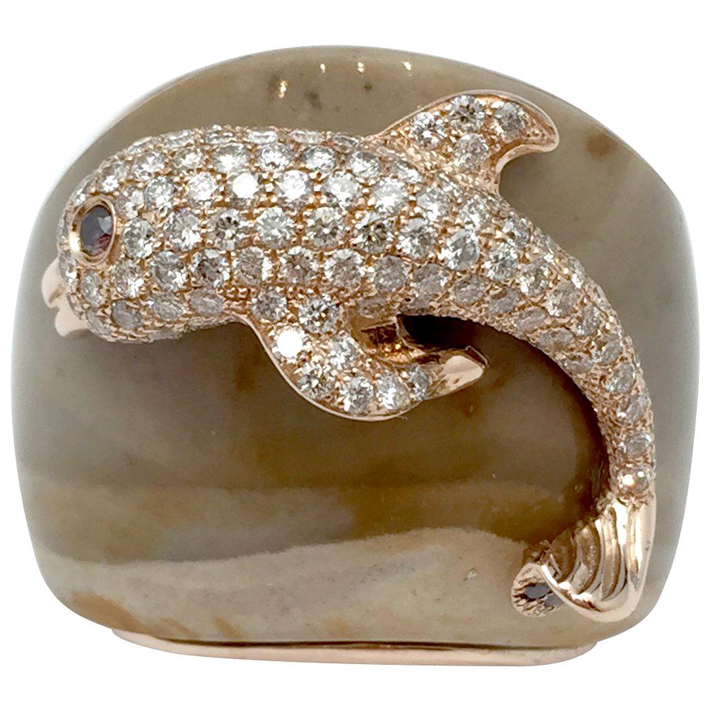 Pink Gold Paolobongia Dolphin Ring Set with Diamonds, Jaspe and Garnet For Sale
