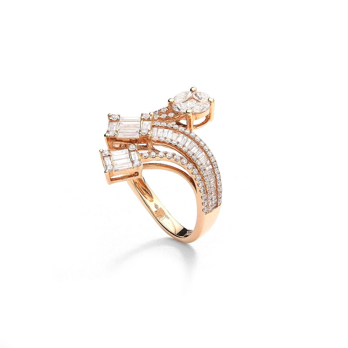 Ring in 18kt pink gold set with 41 baguette, princess and marquise cut diamonds 1.22 cts and 89 diamonds 0.57 cts Size 54