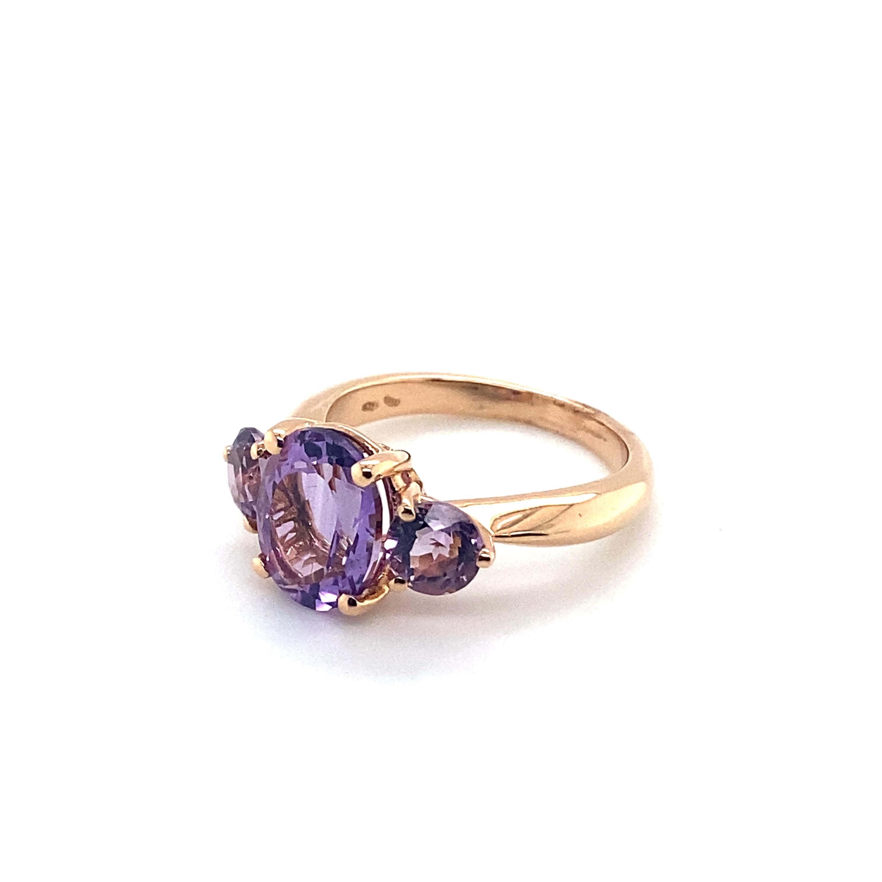 Oval Cut Pink Gold Ring Surmounted by 3 Amethyst For Sale